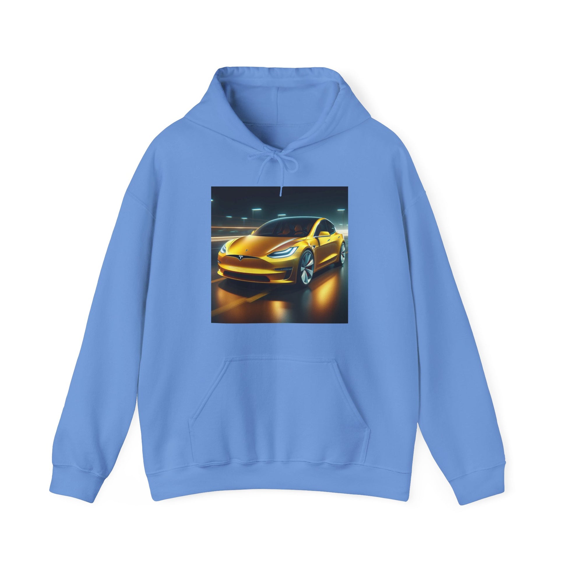 Yellow Tesla Hoodie Hoodie Printify Carolina Blue S