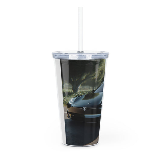 Black Tesla Tumbler with Straw Mug Printify