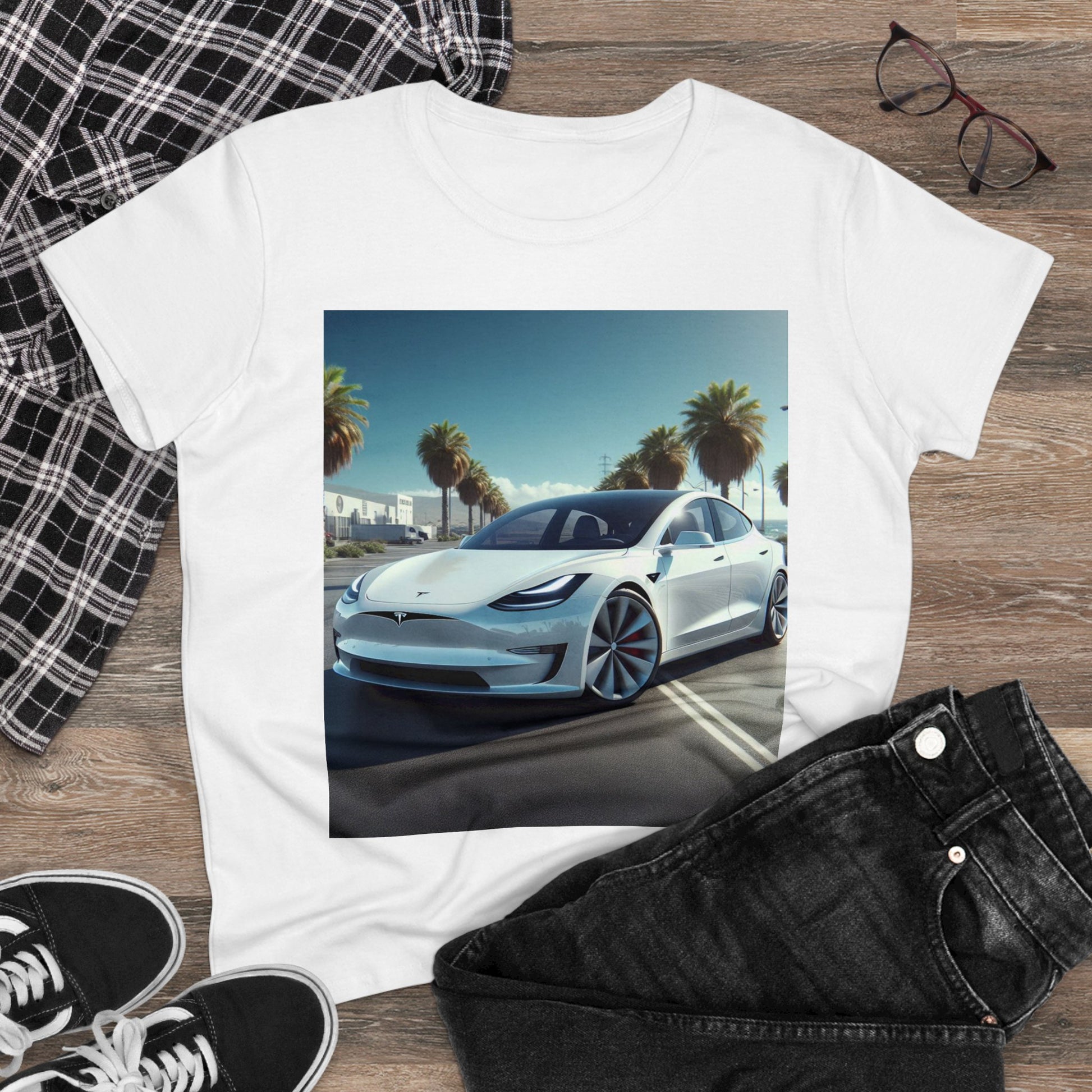 White Tesla T-Shirt T-Shirt Printify