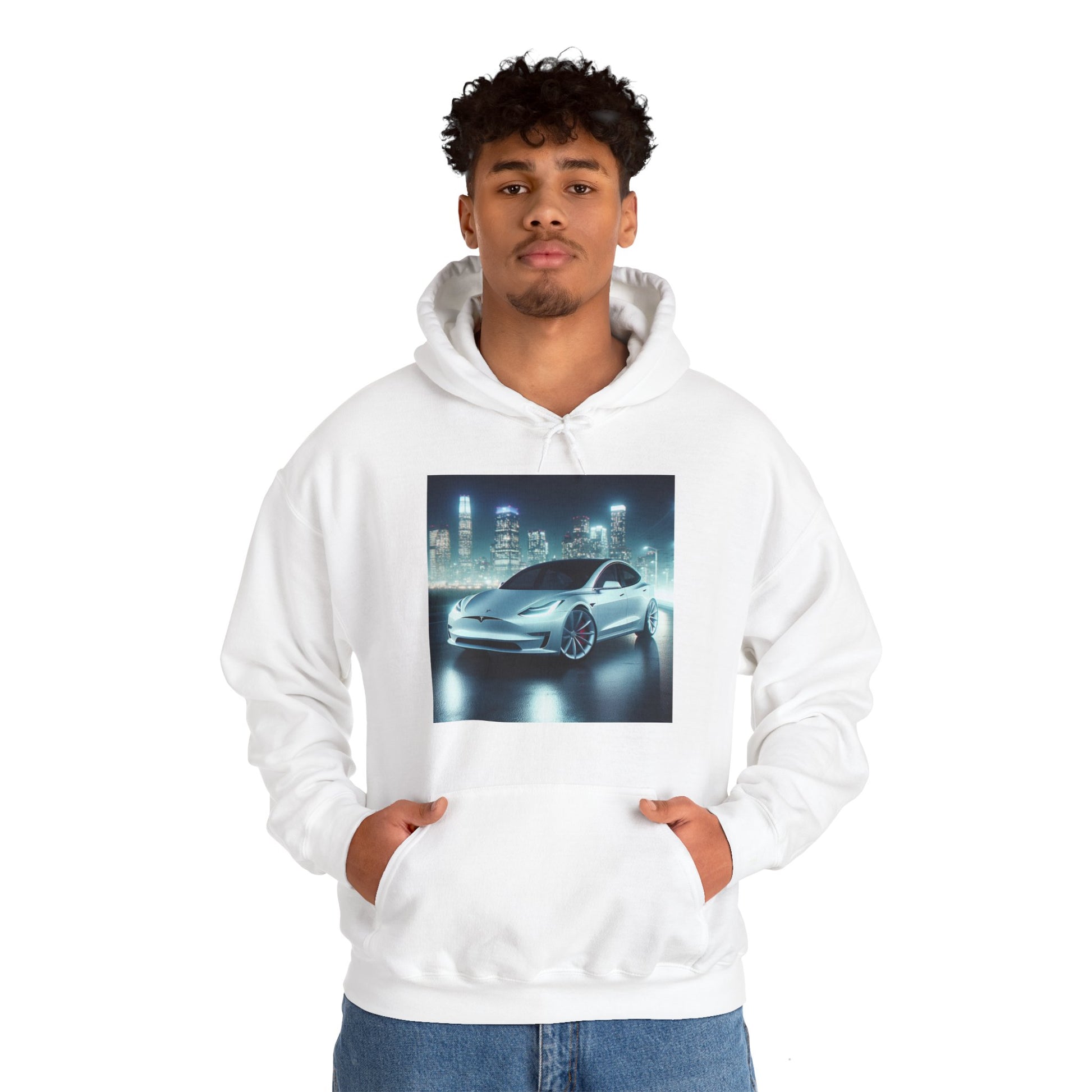 White Tesla Hoodie Hoodie Printify