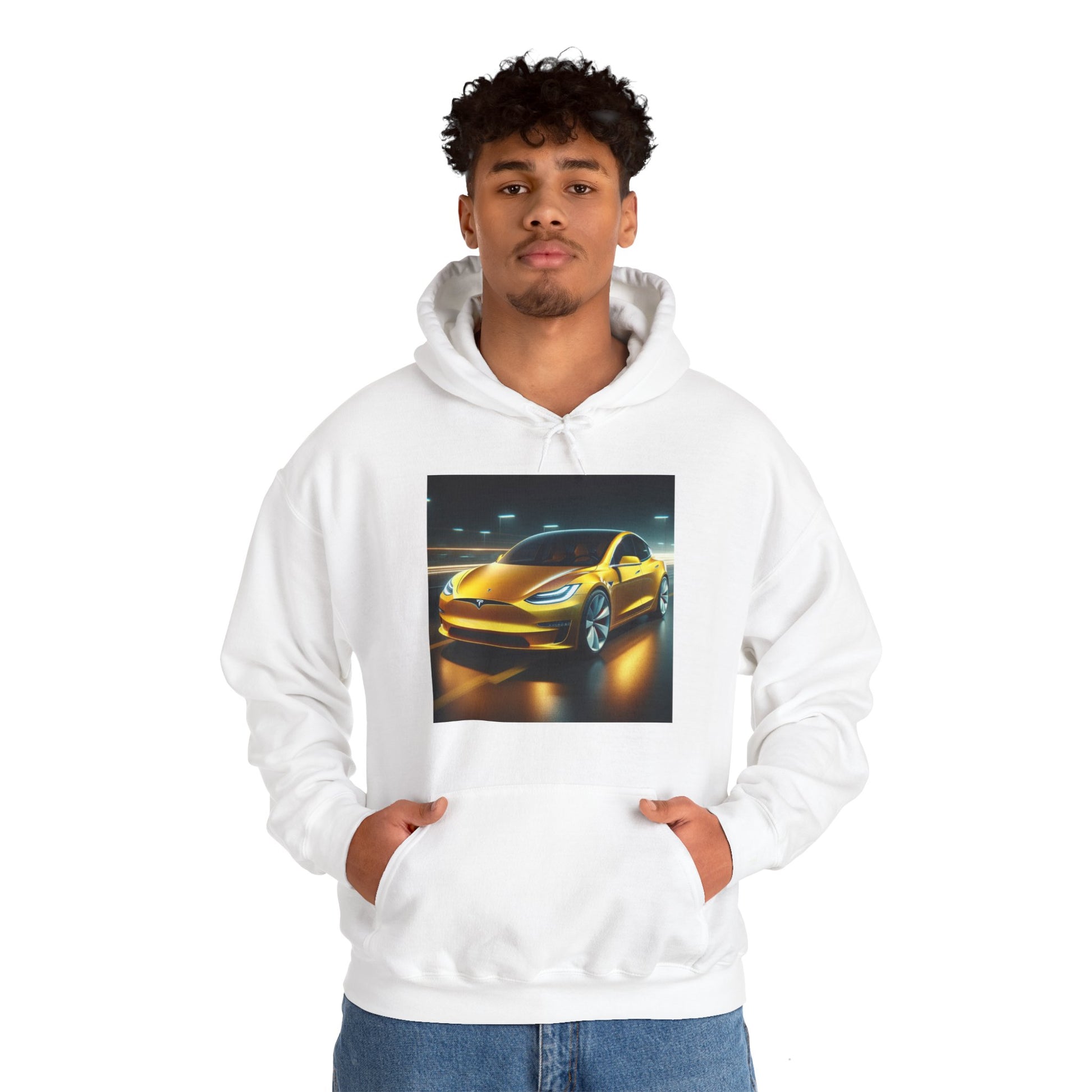 Yellow Tesla Hoodie Hoodie Printify