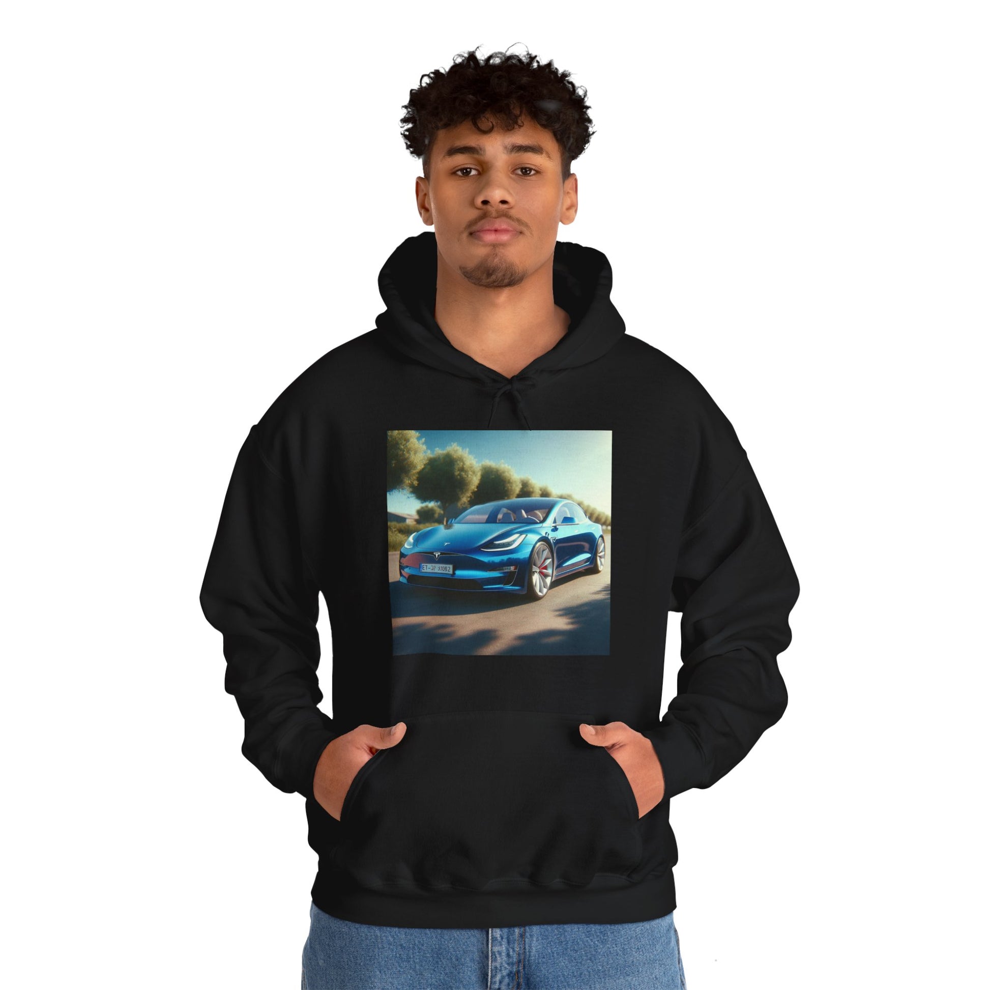 Blue Tesla Hoodie Hoodie Printify
