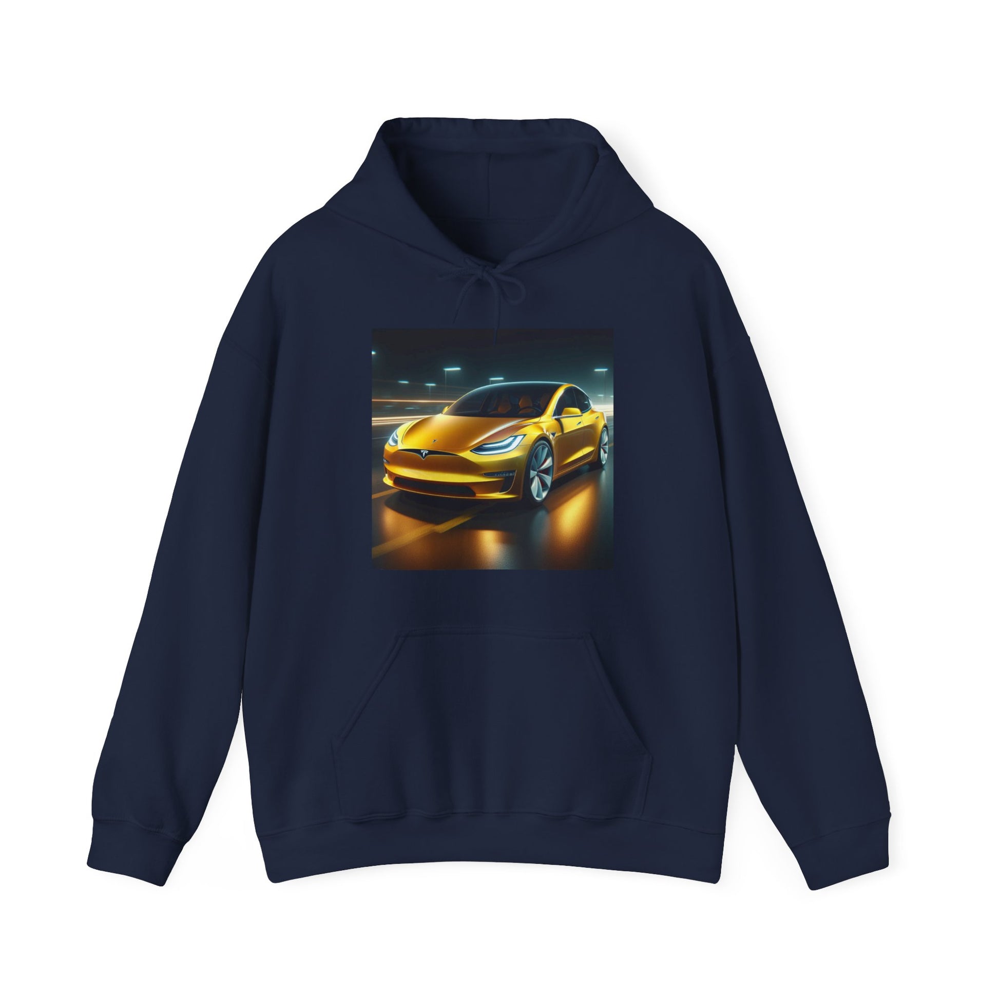 Yellow Tesla Hoodie Hoodie Printify Navy S