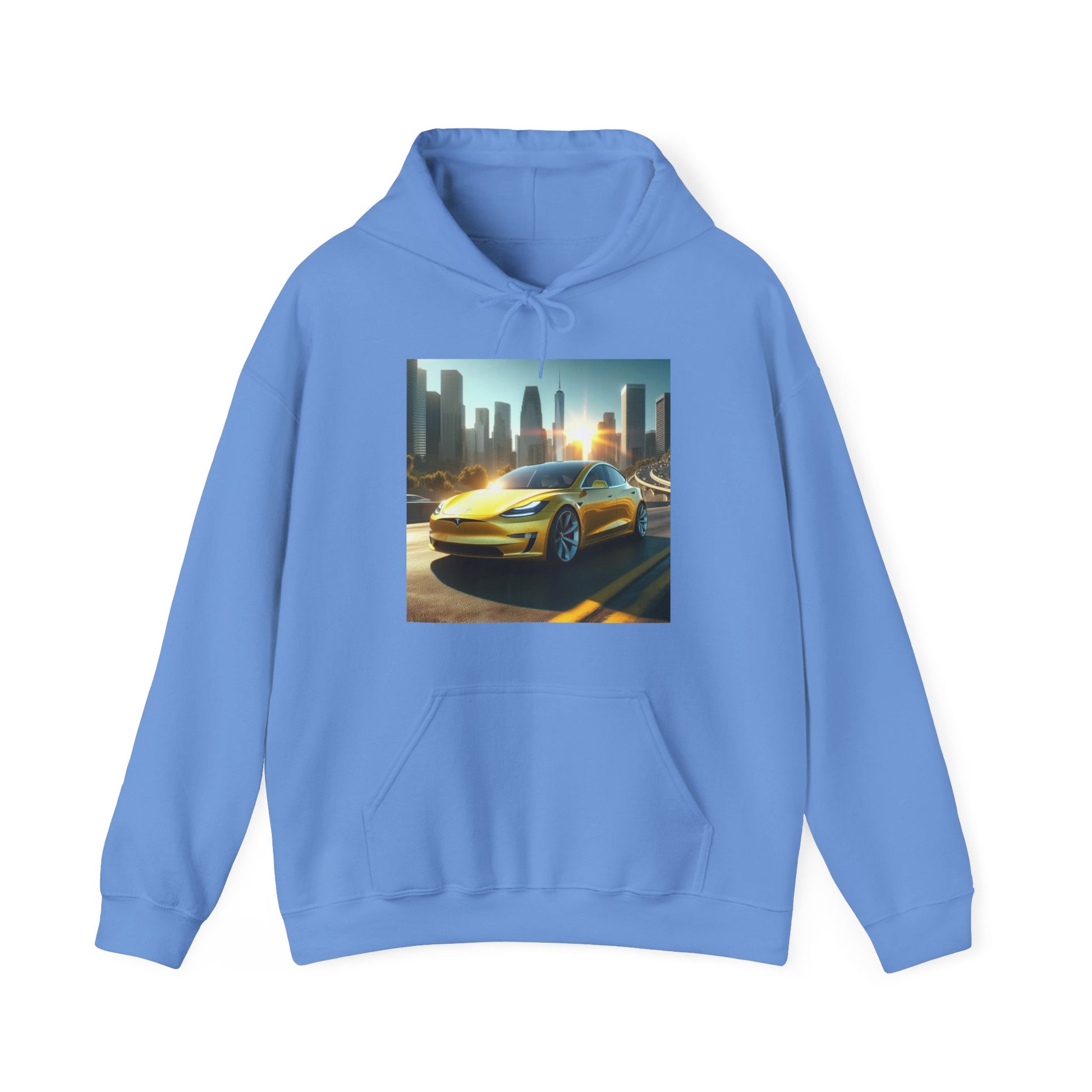 Yellow Tesla Hoodie Hoodie Printify Carolina Blue S
