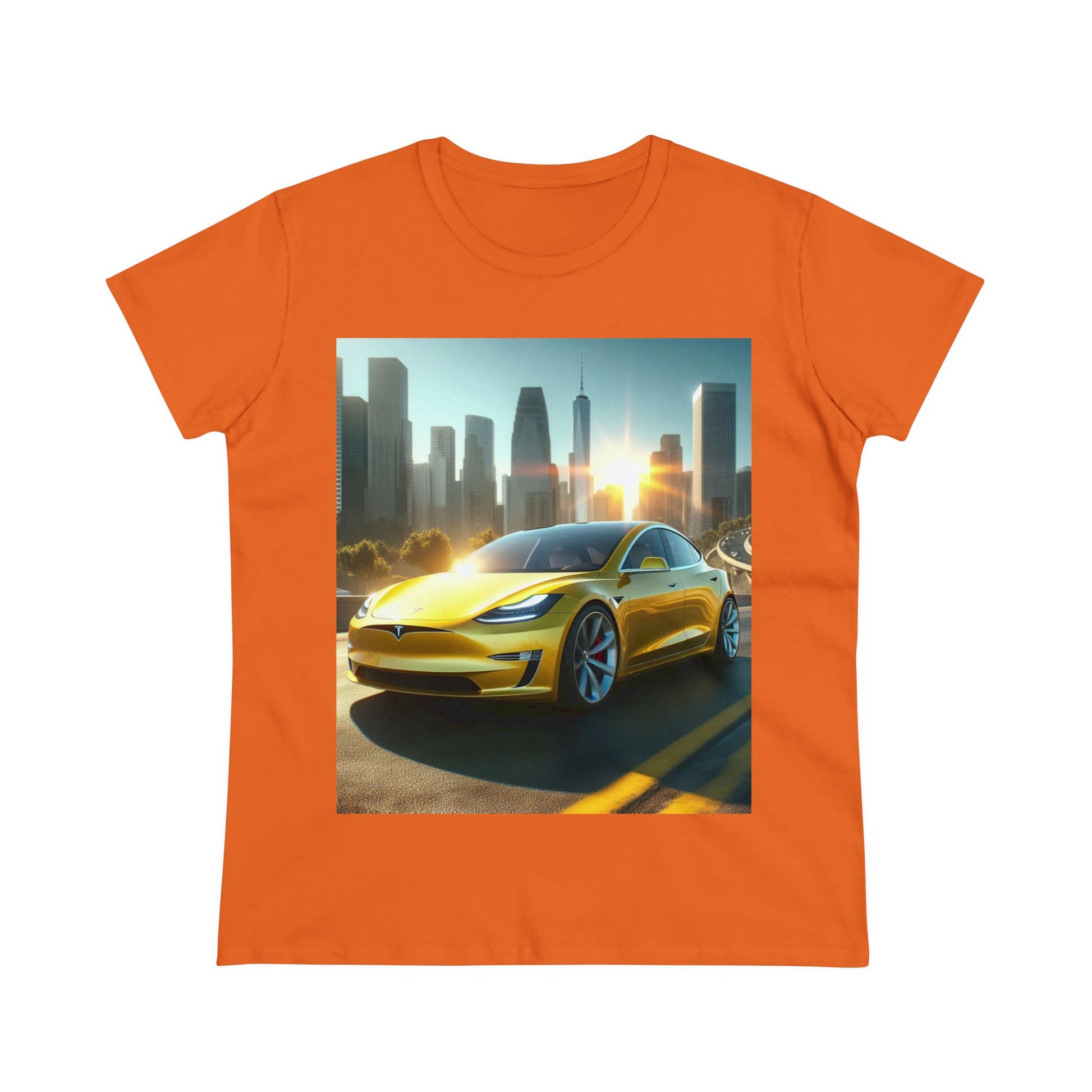 Yellow Tesla T-Shirt T-Shirt Printify Orange S