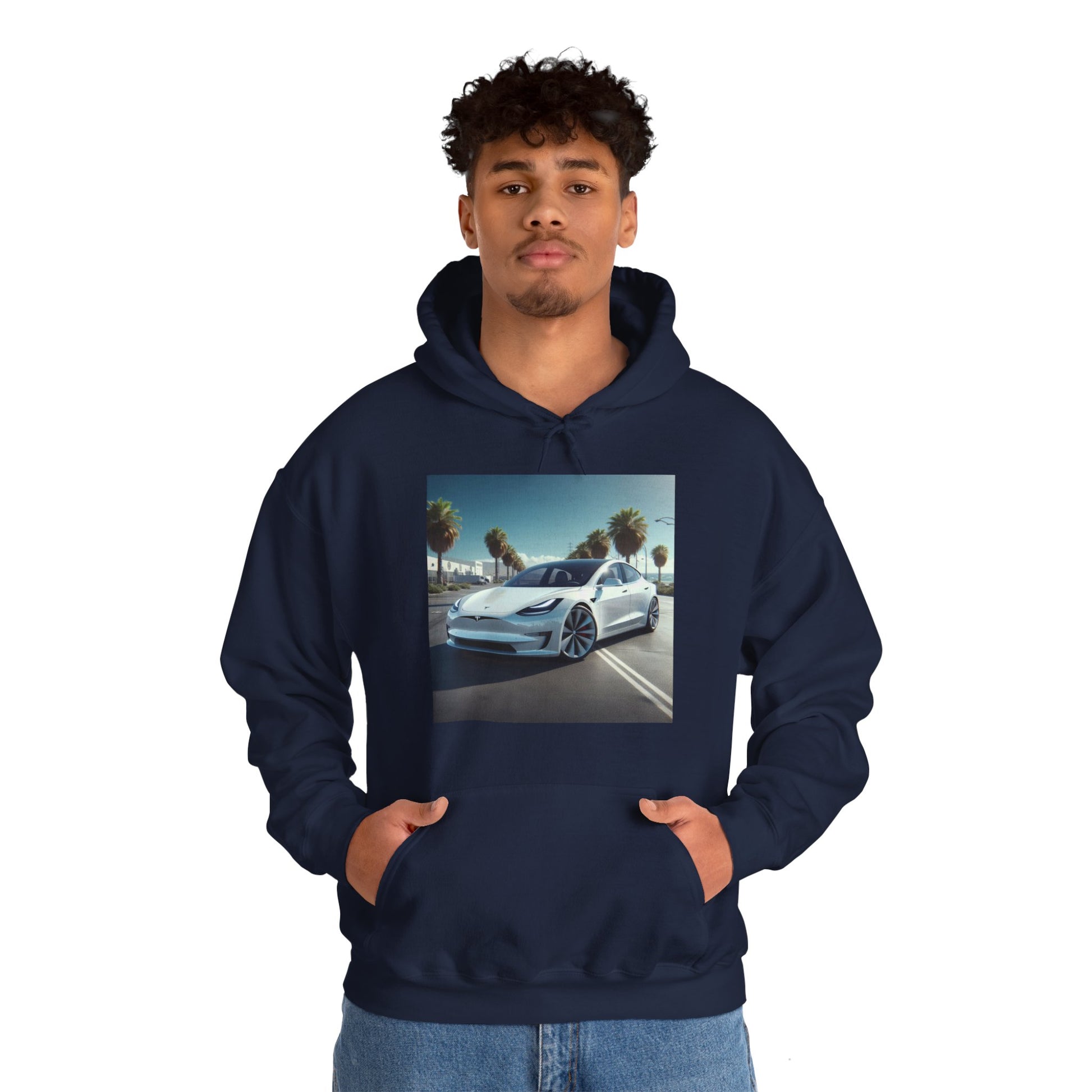 White Tesla Hoodie Hoodie Printify