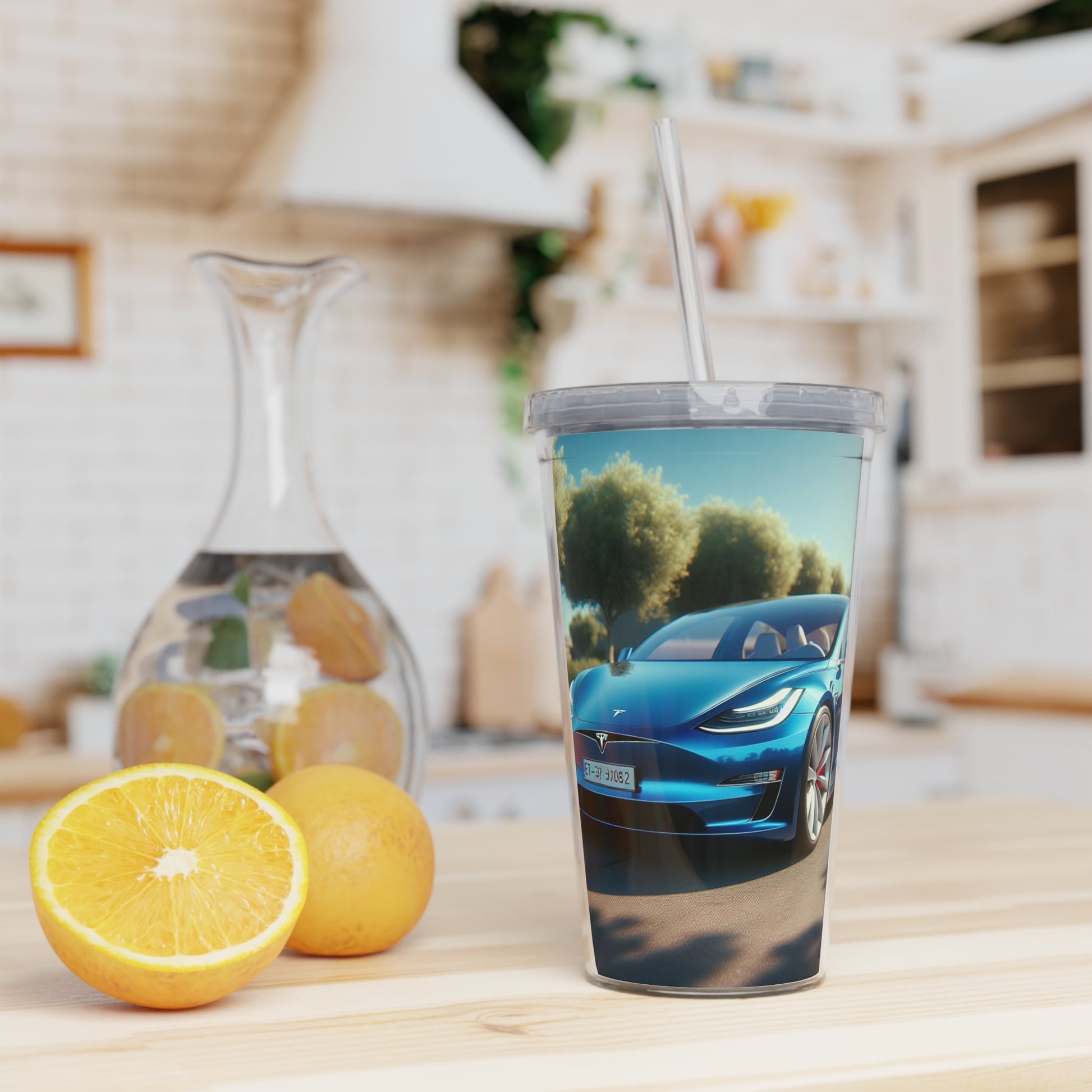 Blue Tesla Tumbler with Straw Mug Printify