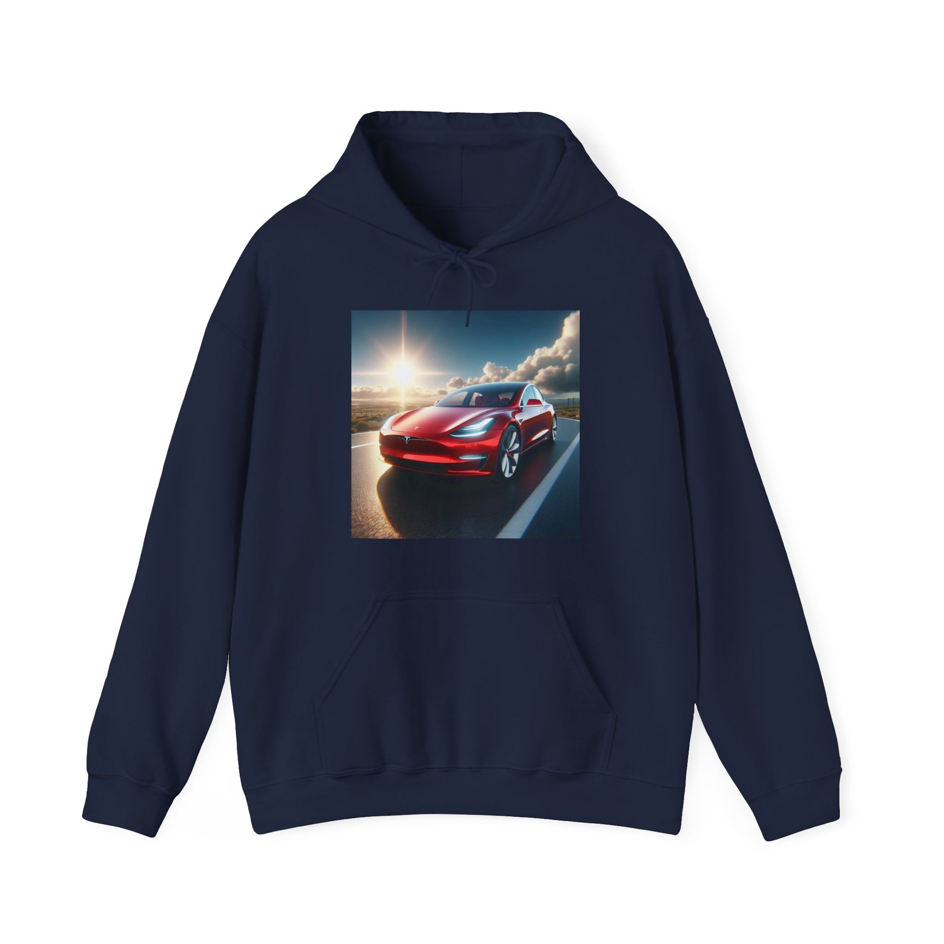 Red Tesla Hoodie Hoodie Printify Navy S