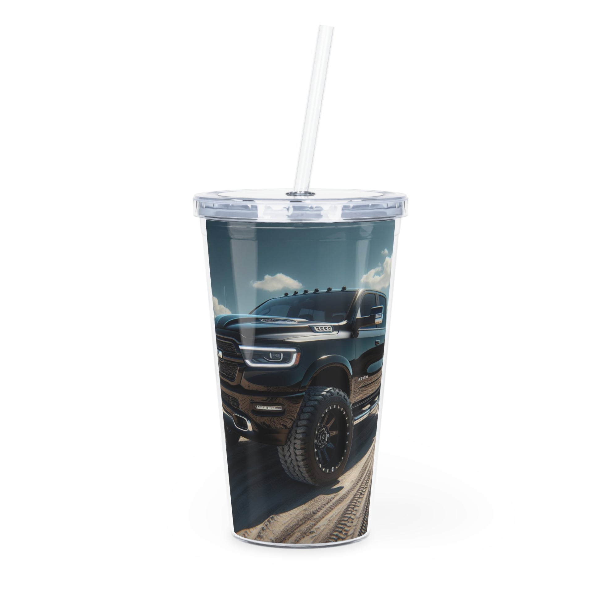 Black Dodge Ram Plastic Tumbler with Straw Mug Printify 20oz Transparent