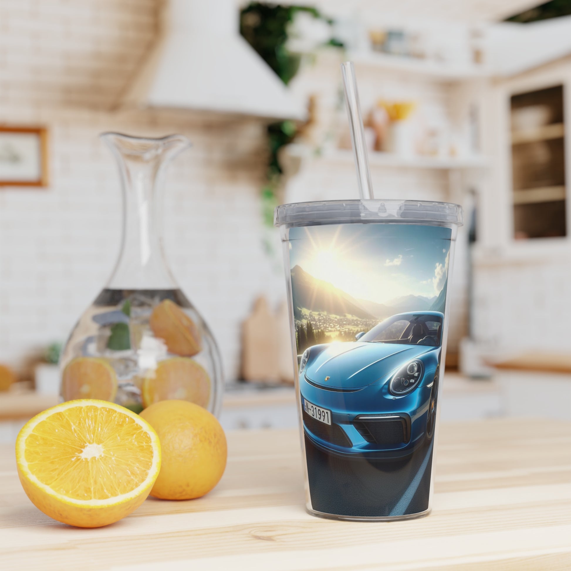 Blue Porsche Tumbler with Straw Mug Printify