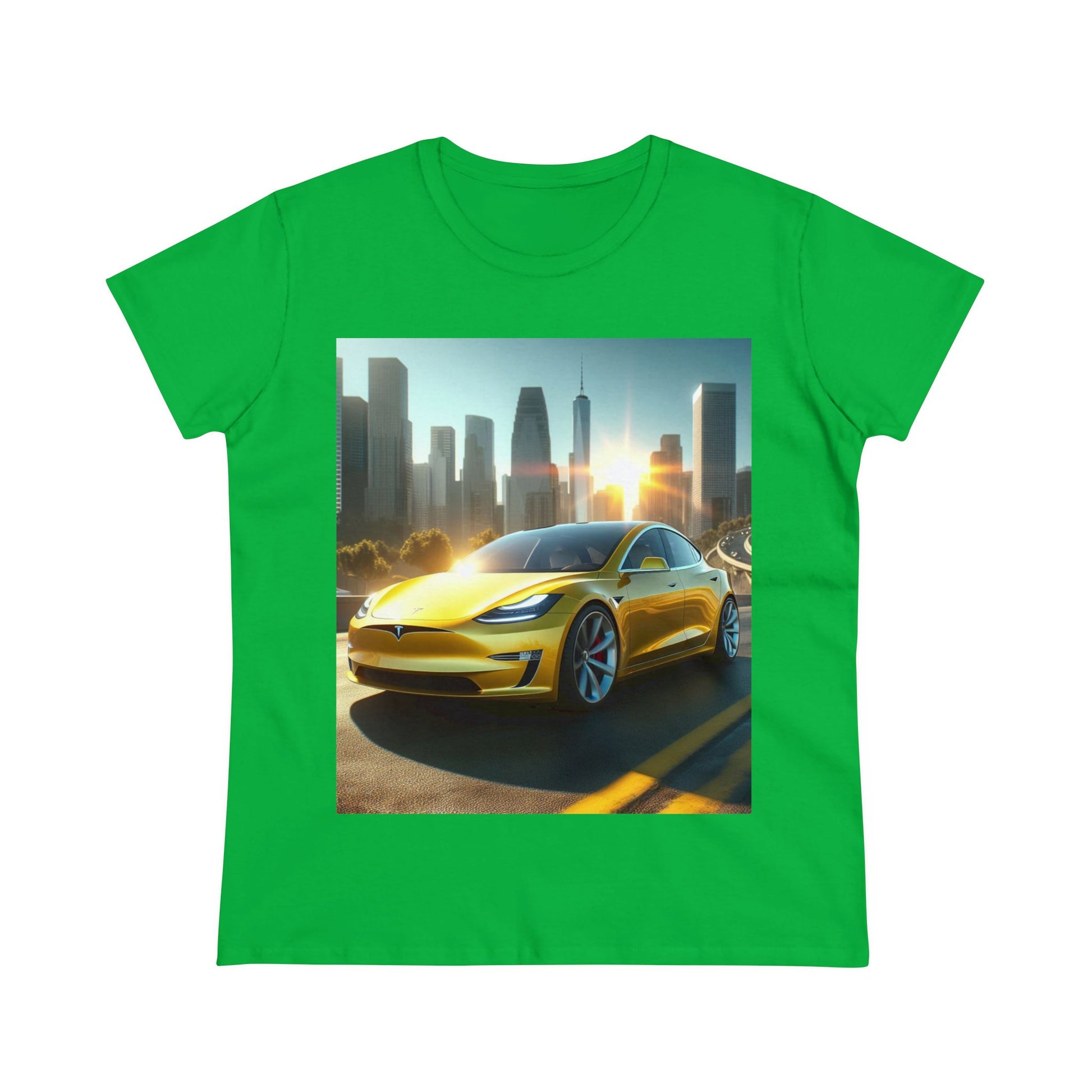 Yellow Tesla T-Shirt T-Shirt Printify Irish Green S