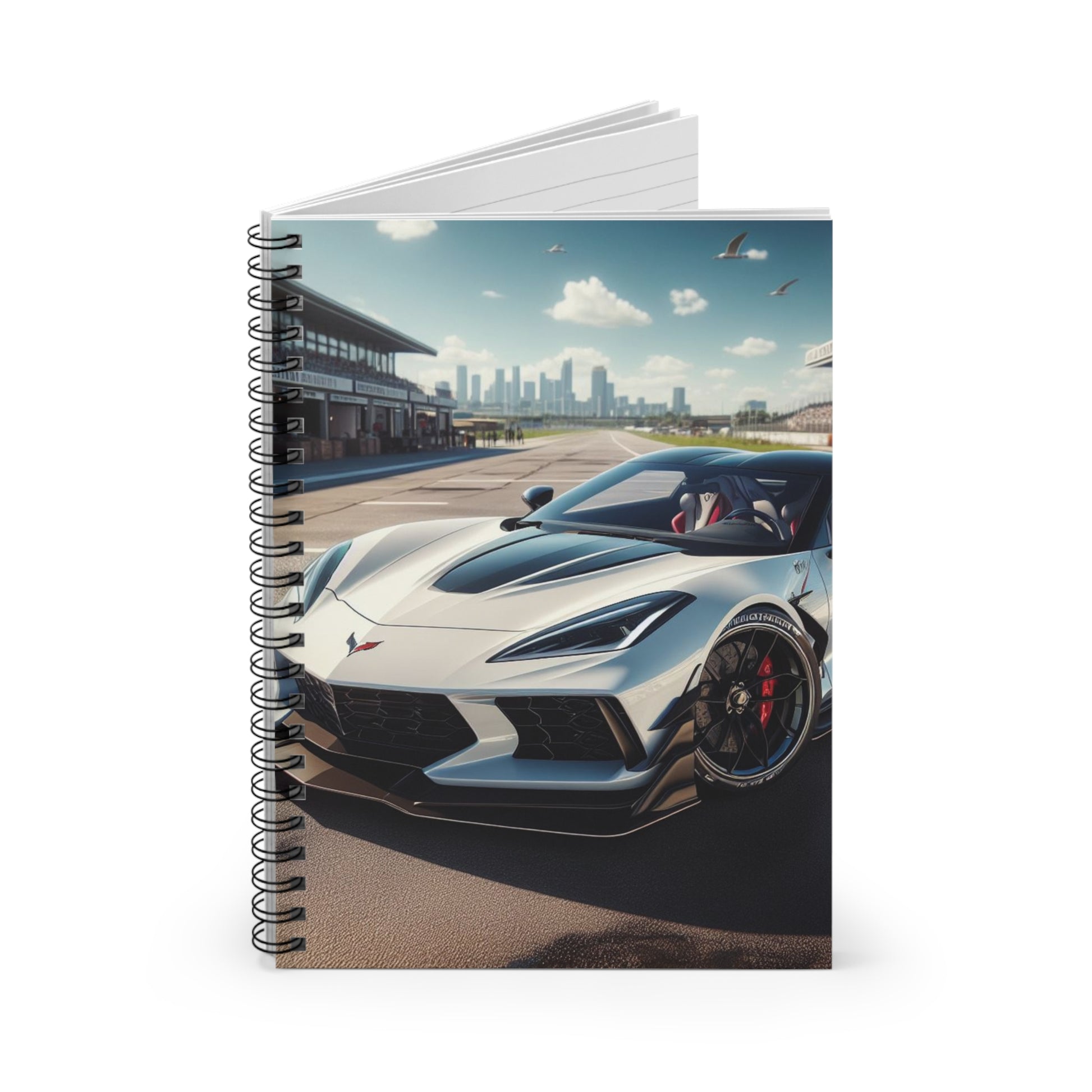 White Corvette Spiral Notebook Paper products Printify