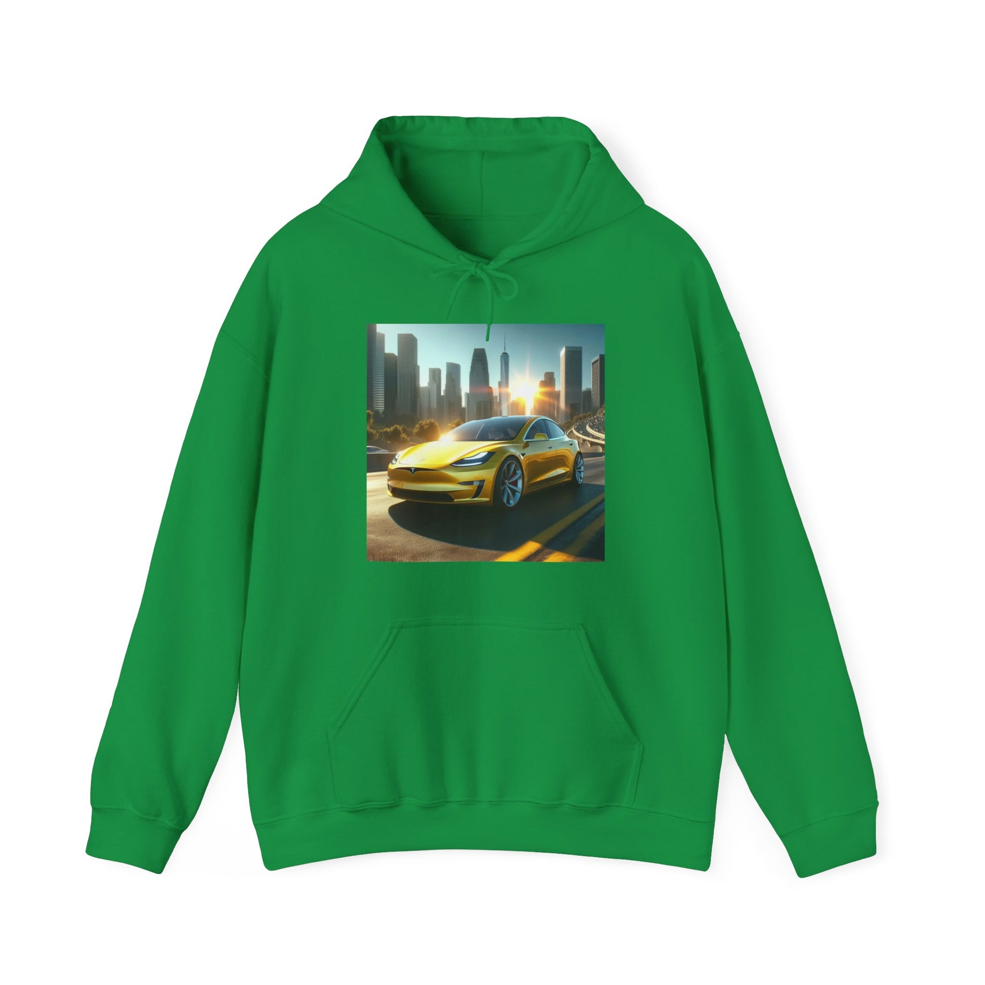 Yellow Tesla Hoodie Hoodie Printify Irish Green S