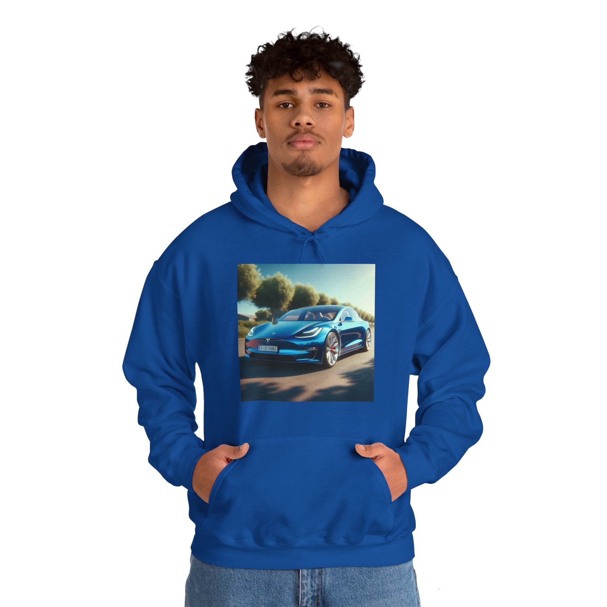 Blue Tesla Hoodie Hoodie Printify