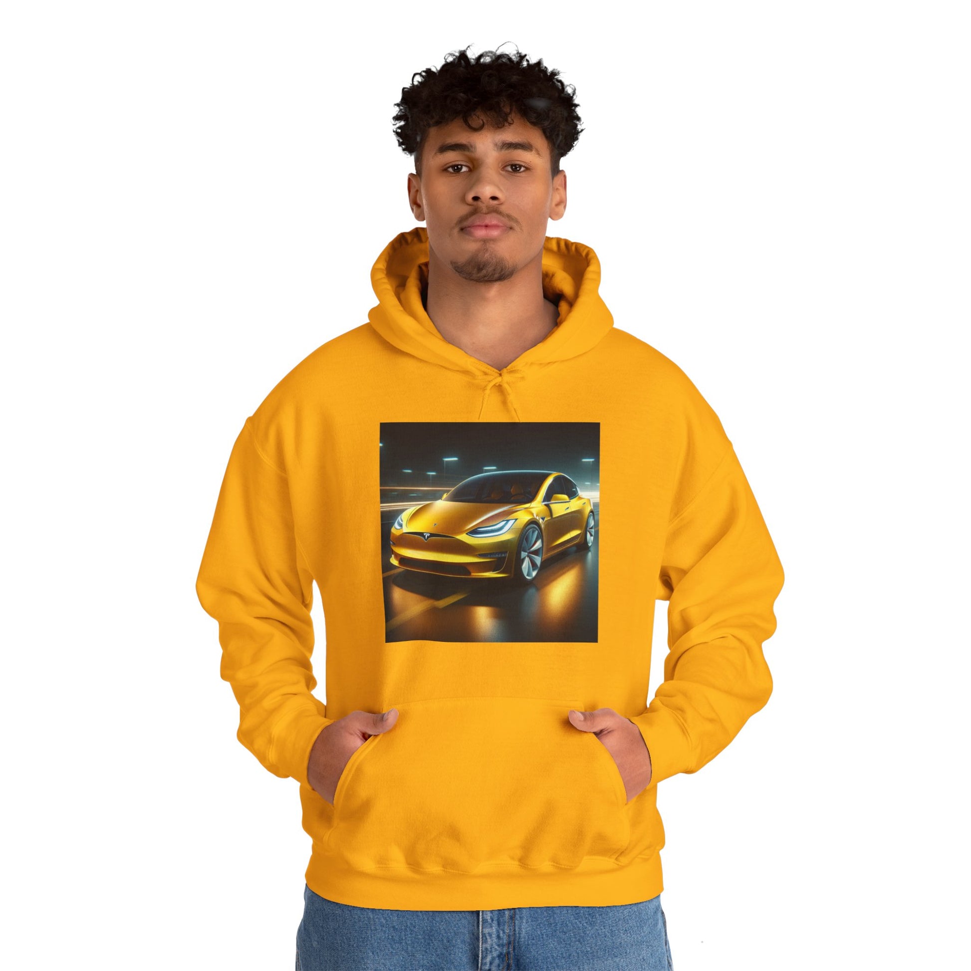 Yellow Tesla Hoodie Hoodie Printify