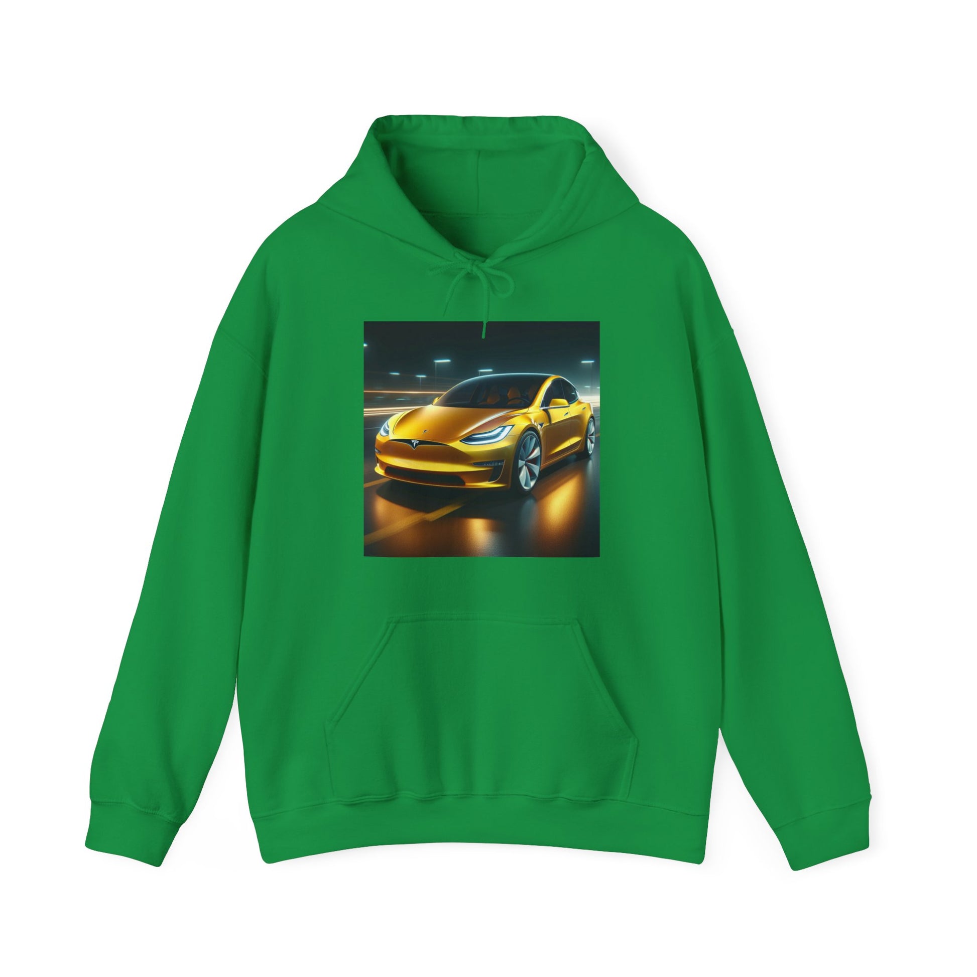 Yellow Tesla Hoodie Hoodie Printify Irish Green S