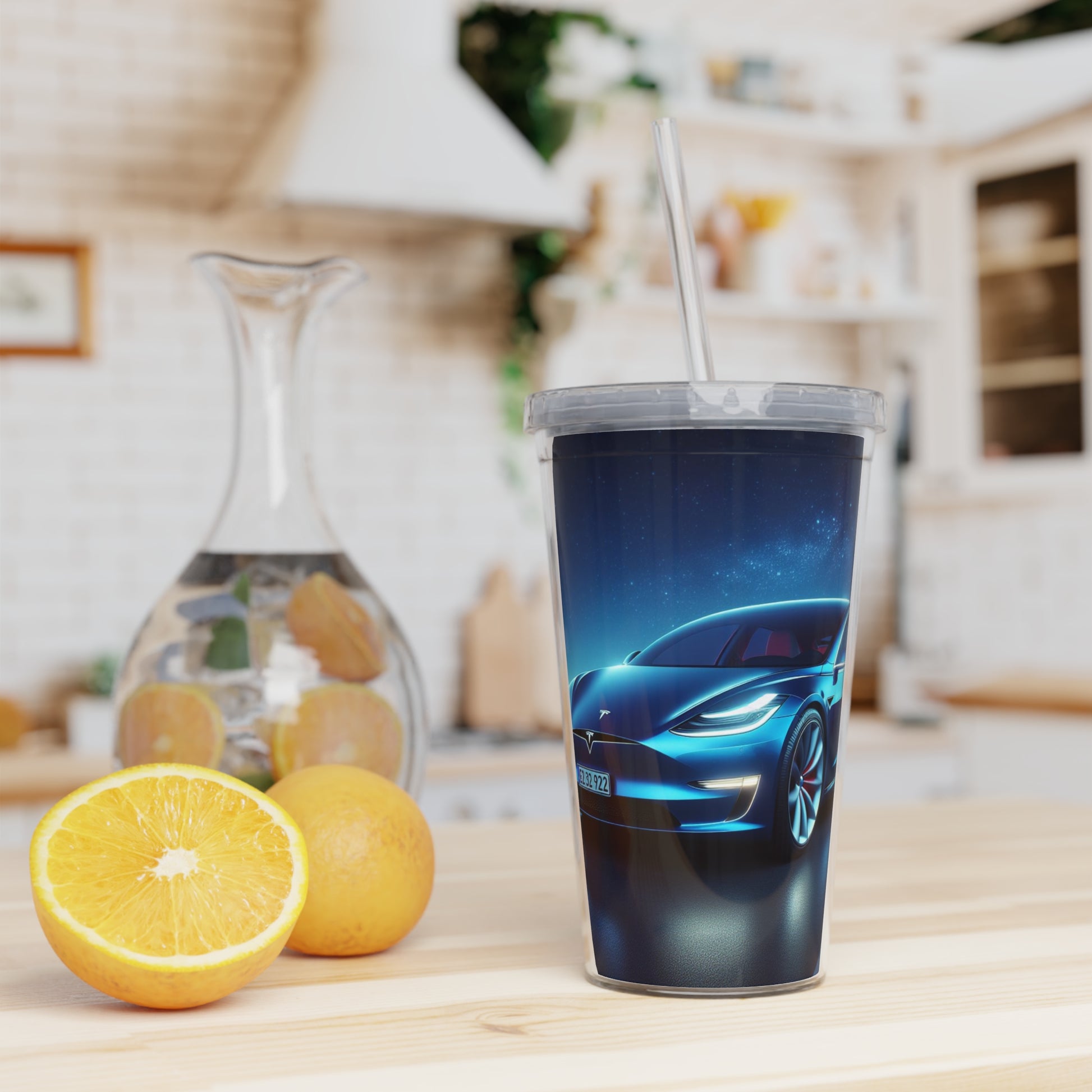Blue Tesla Tumbler with Straw Mug Printify