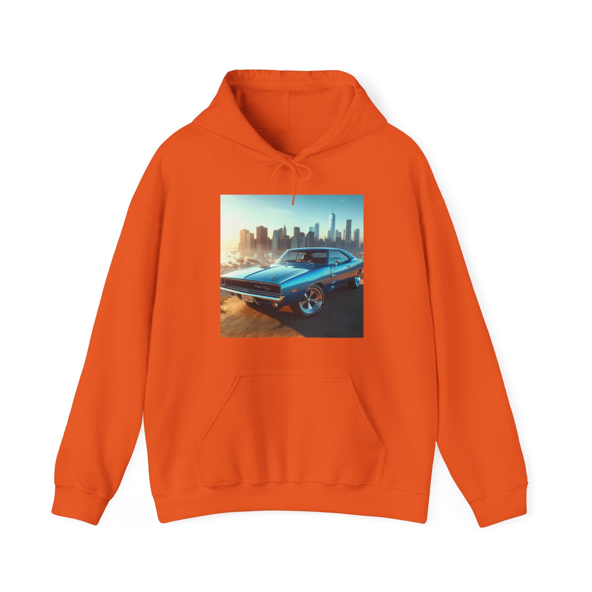 1970 Blue Dodge Charger Hoodie Hoodie Printify Orange S