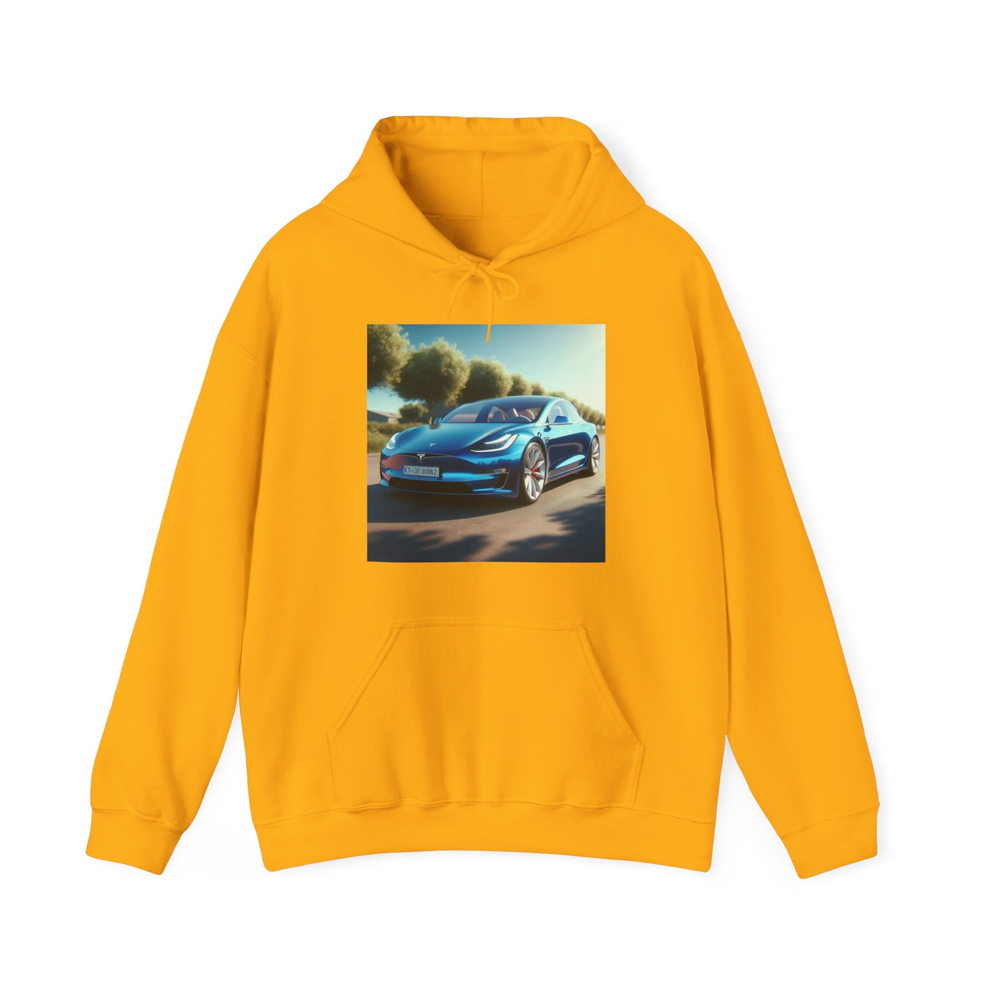Blue Tesla Hoodie Hoodie Printify Gold S