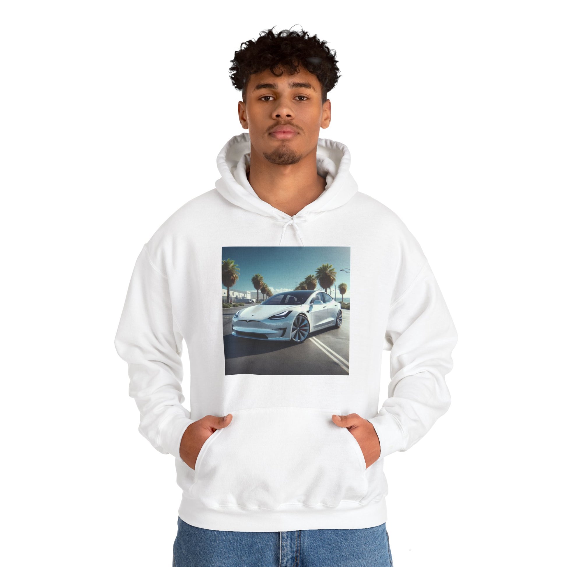 White Tesla Hoodie Hoodie Printify
