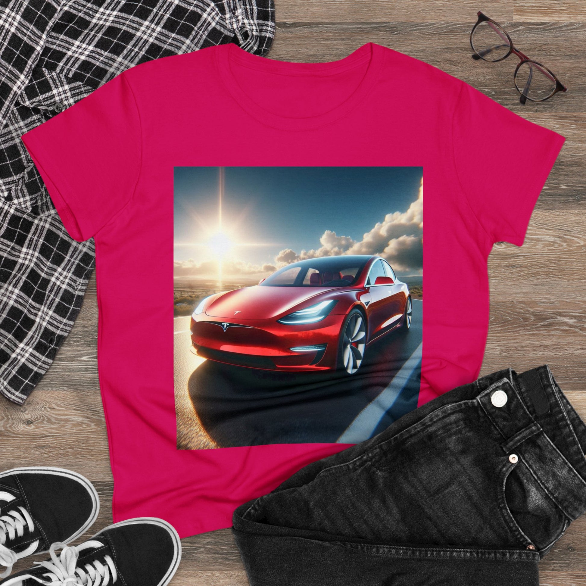 Red Tesla T-Shirt T-Shirt Printify