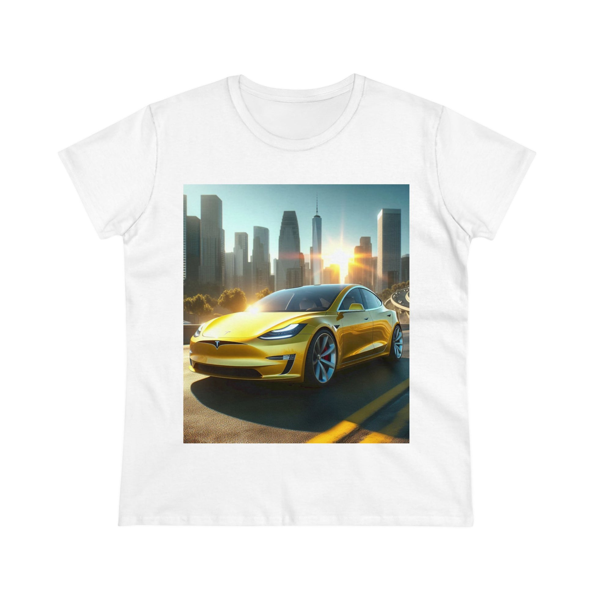 Yellow Tesla T-Shirt T-Shirt Printify White S