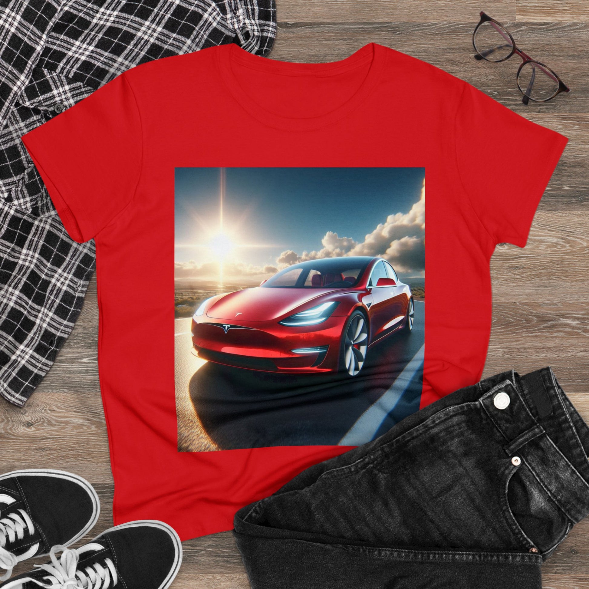 Red Tesla T-Shirt T-Shirt Printify
