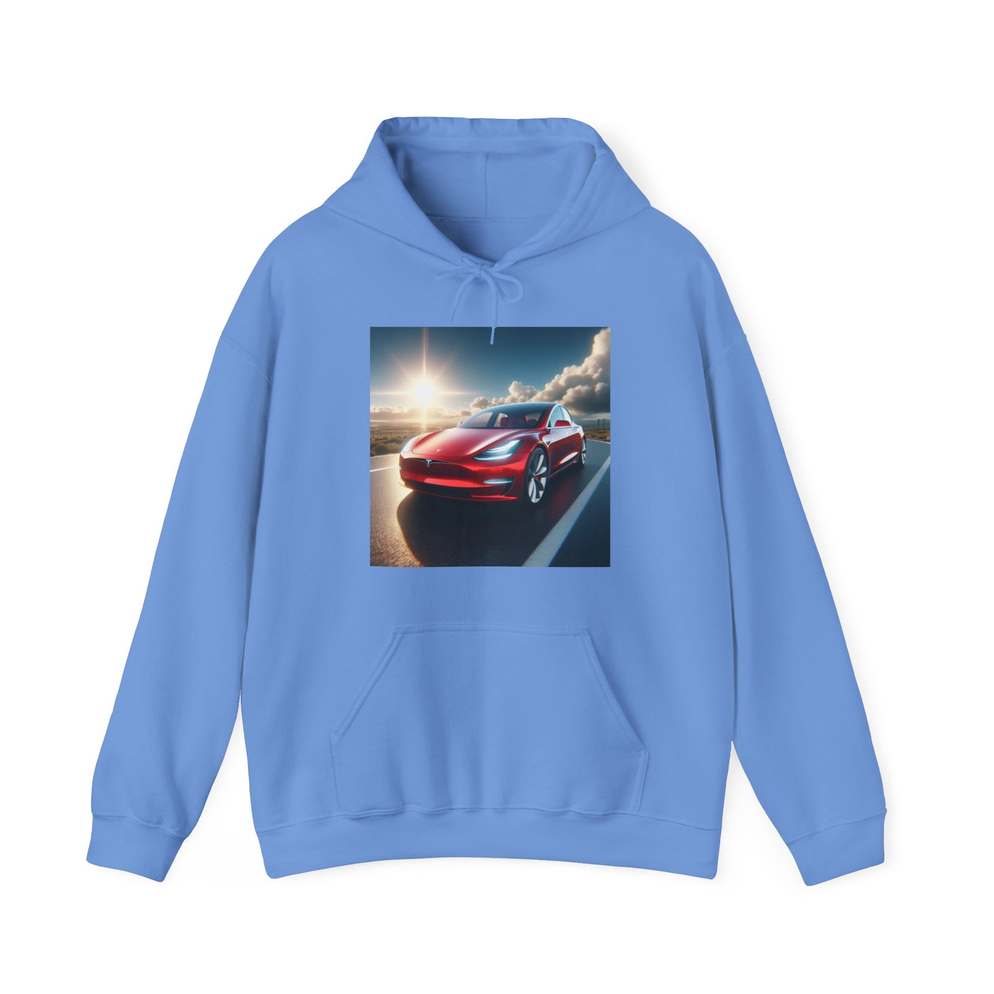 Red Tesla Hoodie Hoodie Printify Carolina Blue S