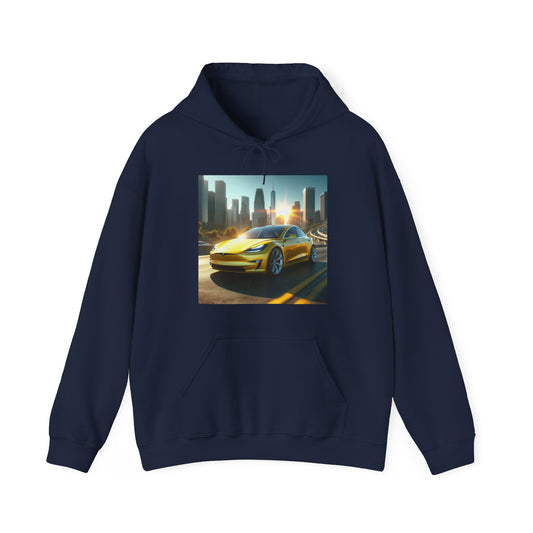 Yellow Tesla Hoodie Hoodie Printify Navy S