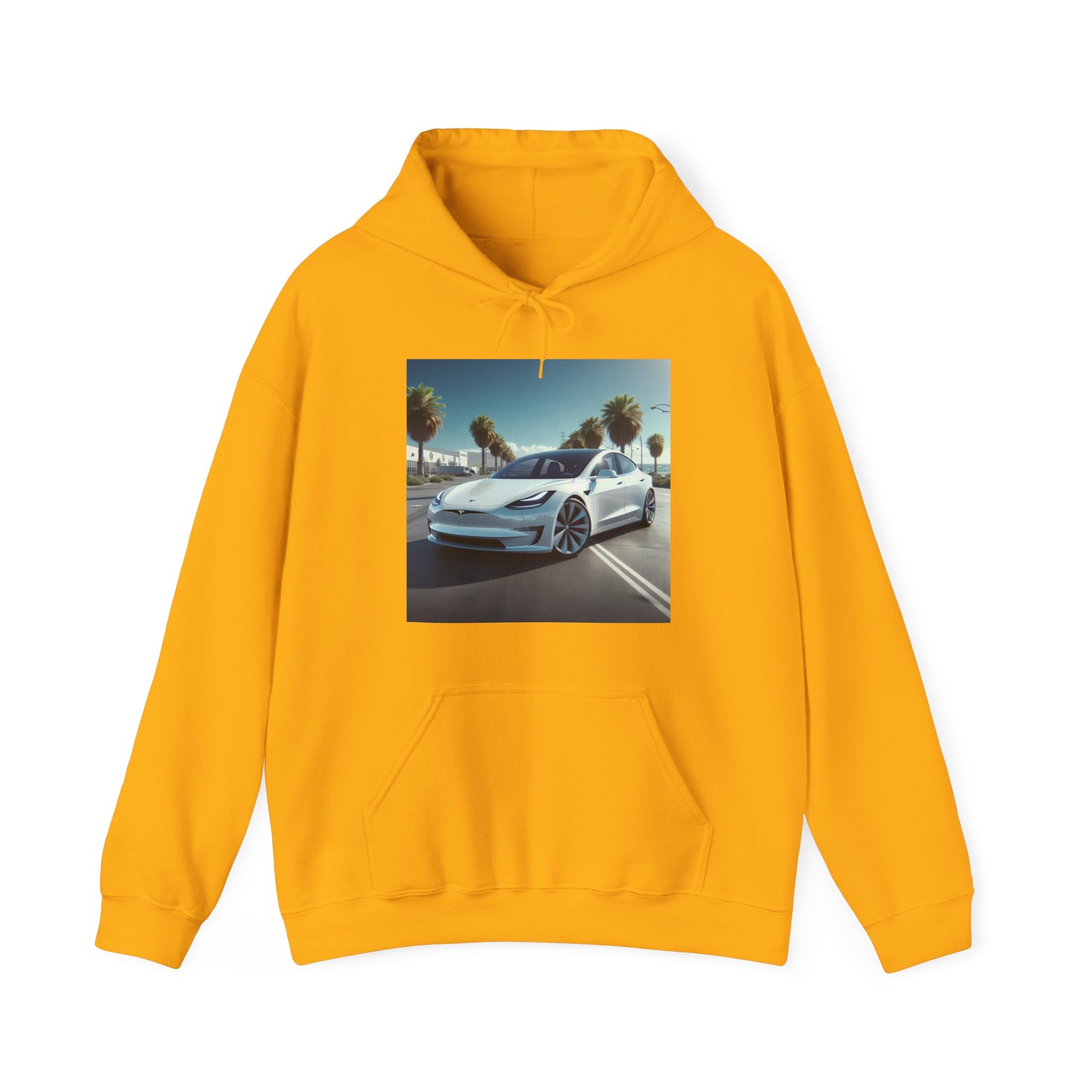 White Tesla Hoodie Hoodie Printify Gold S