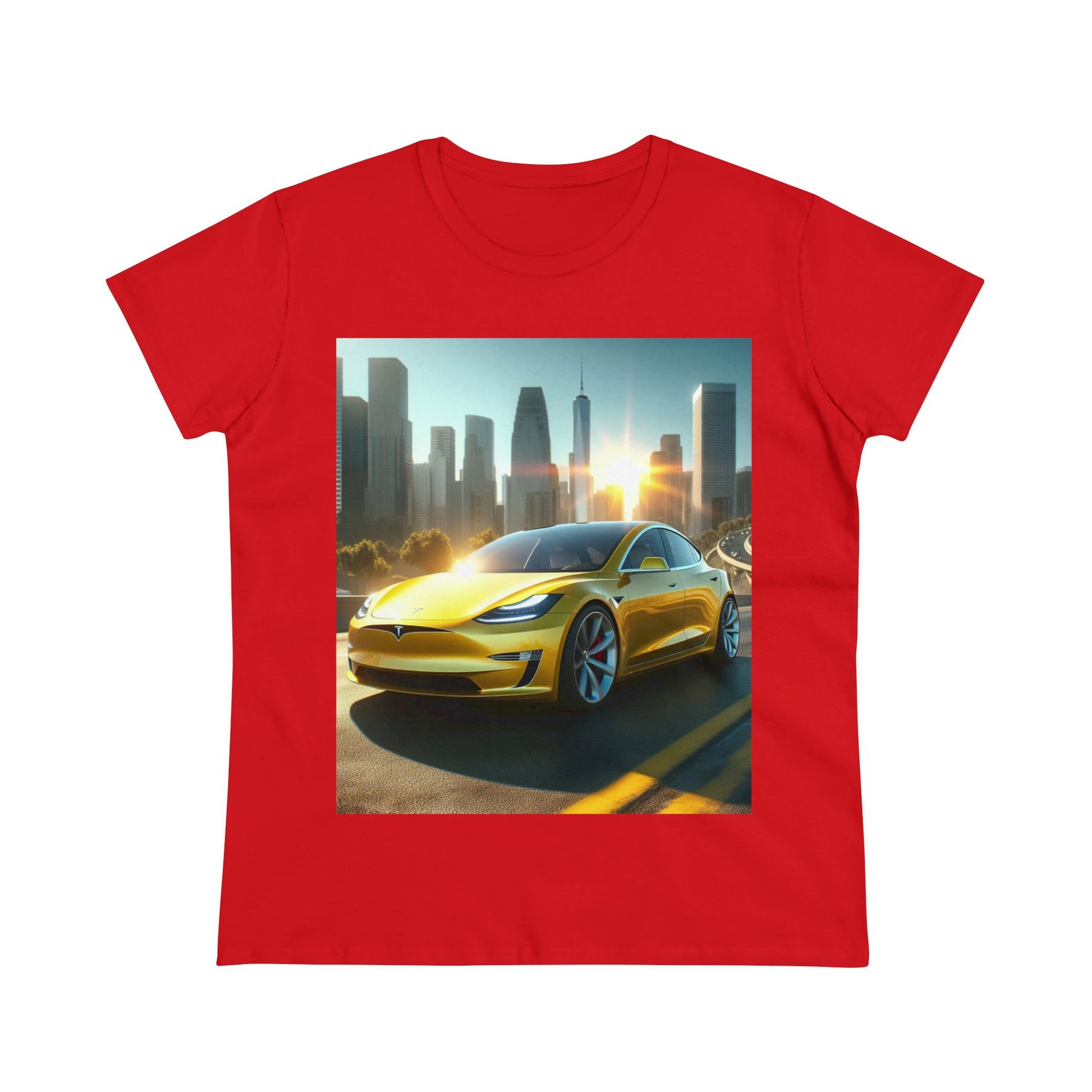 Yellow Tesla T-Shirt T-Shirt Printify Red S