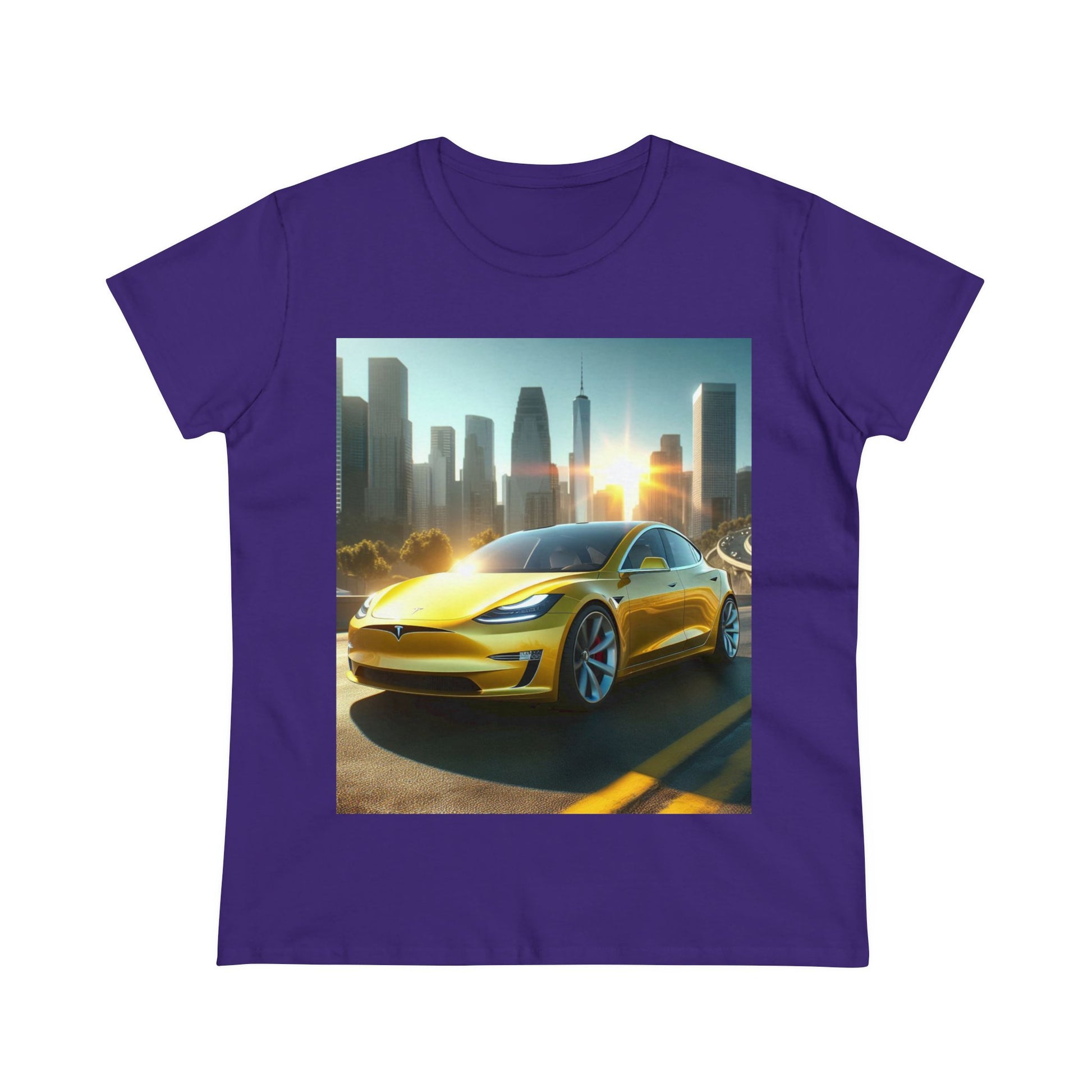 Yellow Tesla T-Shirt T-Shirt Printify Purple S