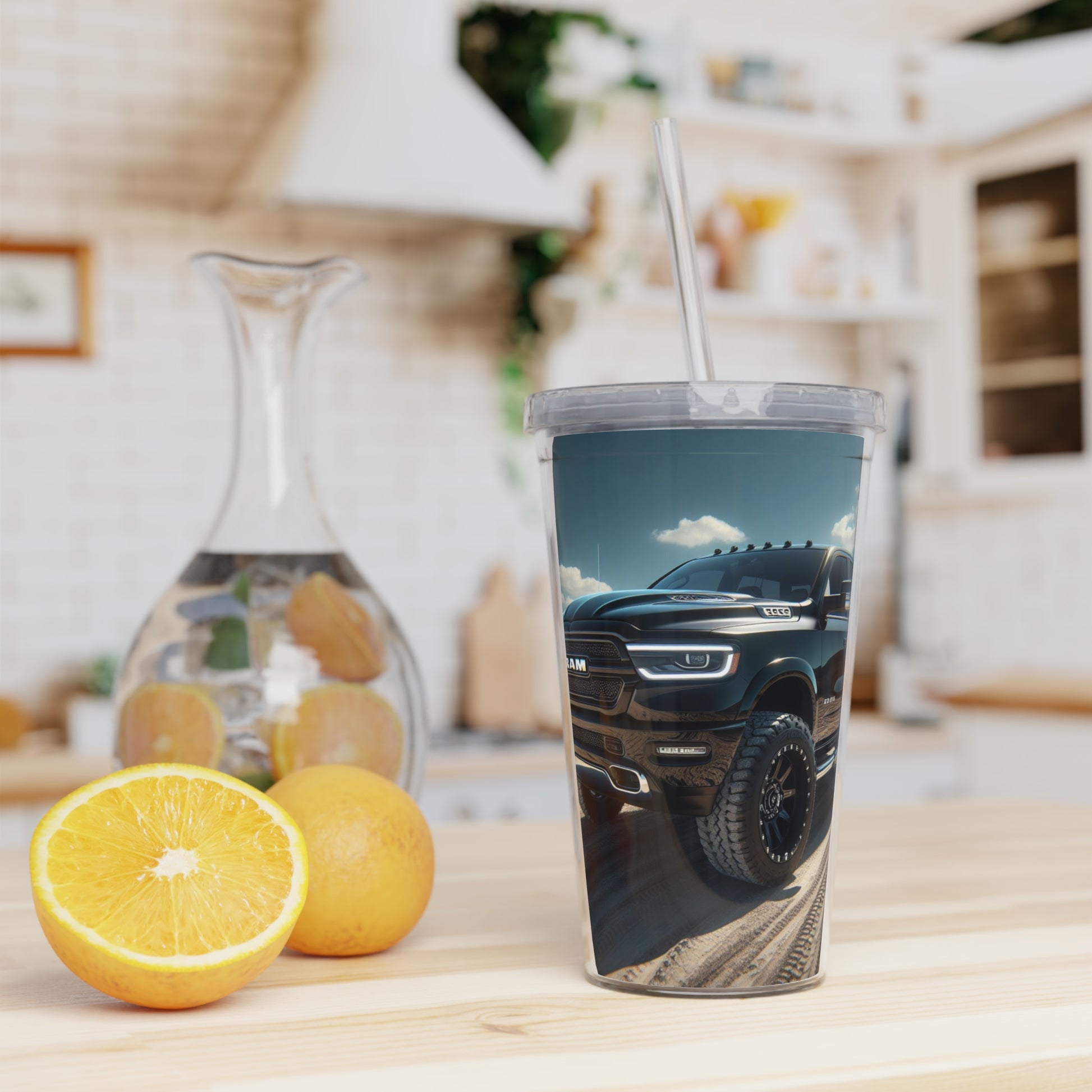 Black Dodge Ram Plastic Tumbler with Straw Mug Printify