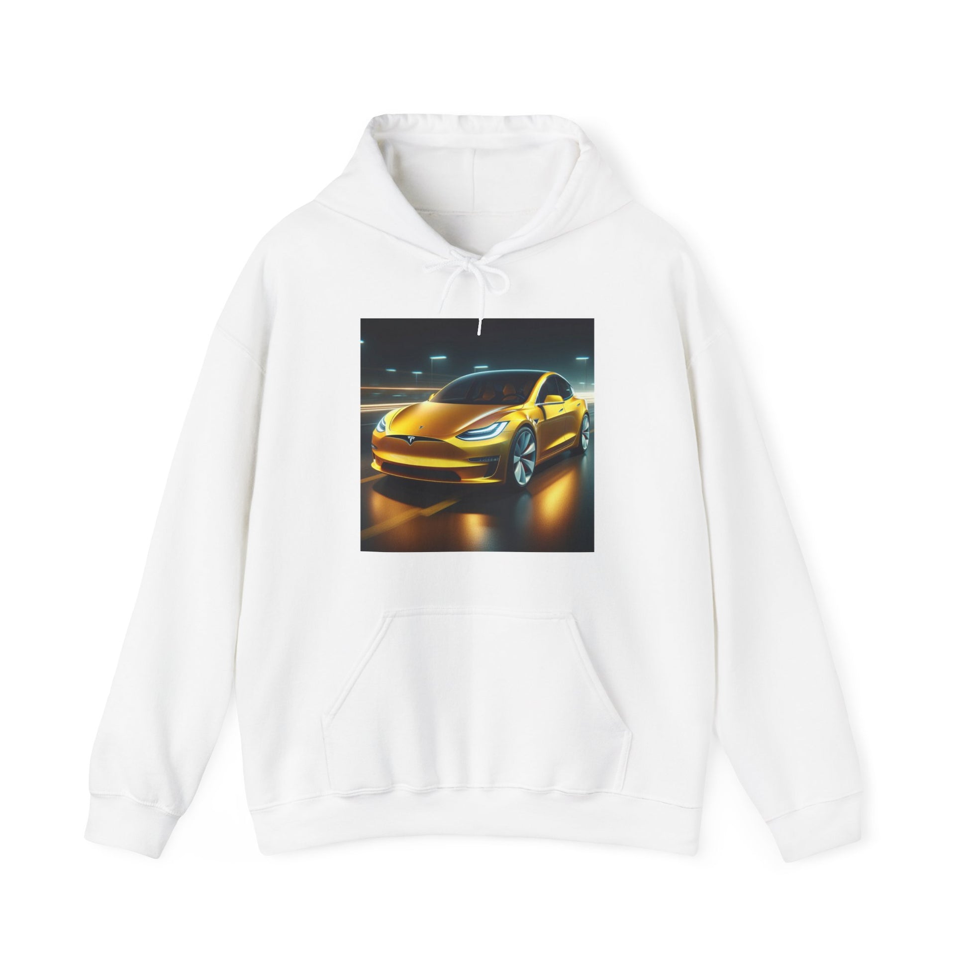 Yellow Tesla Hoodie Hoodie Printify White S