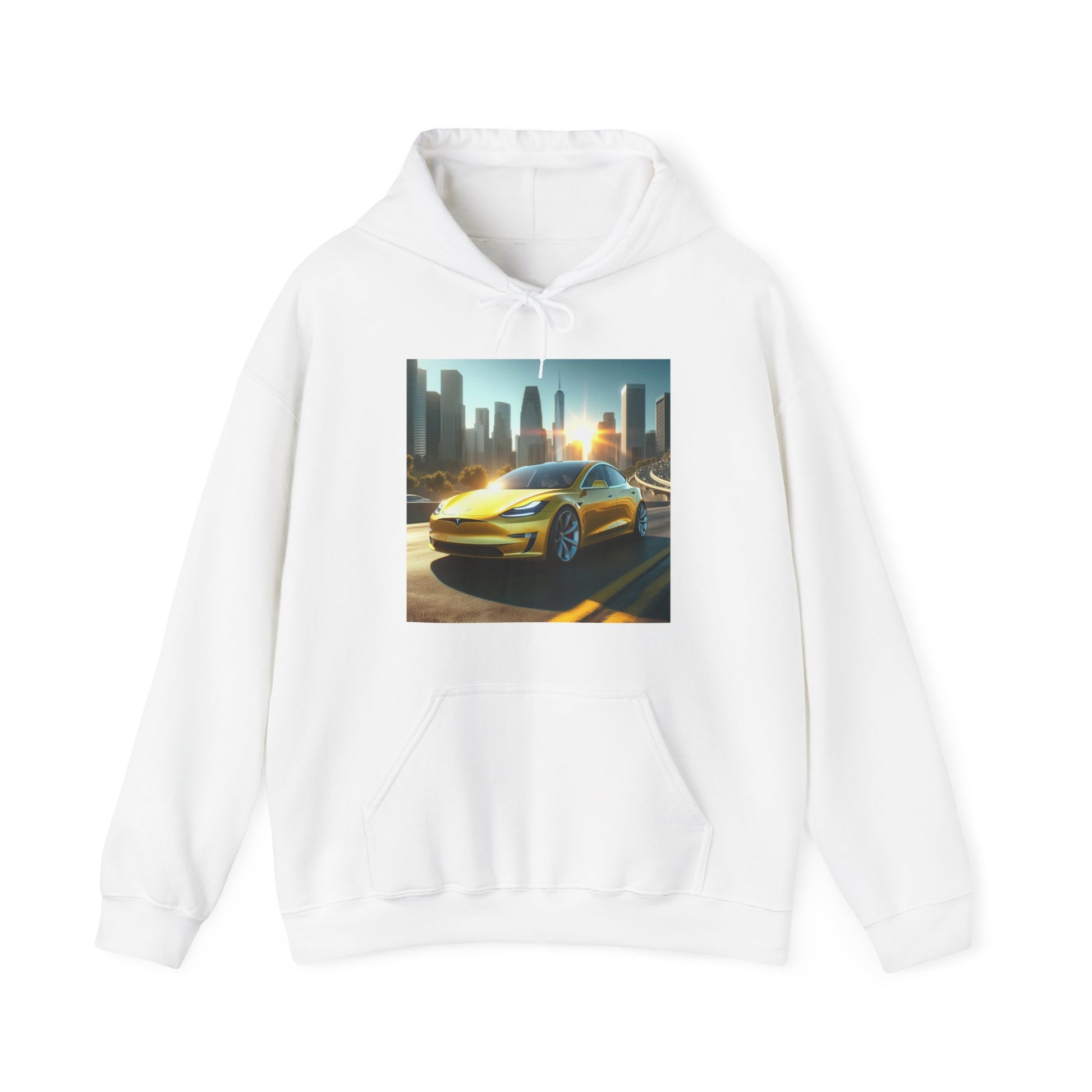 Yellow Tesla Hoodie Hoodie Printify White S