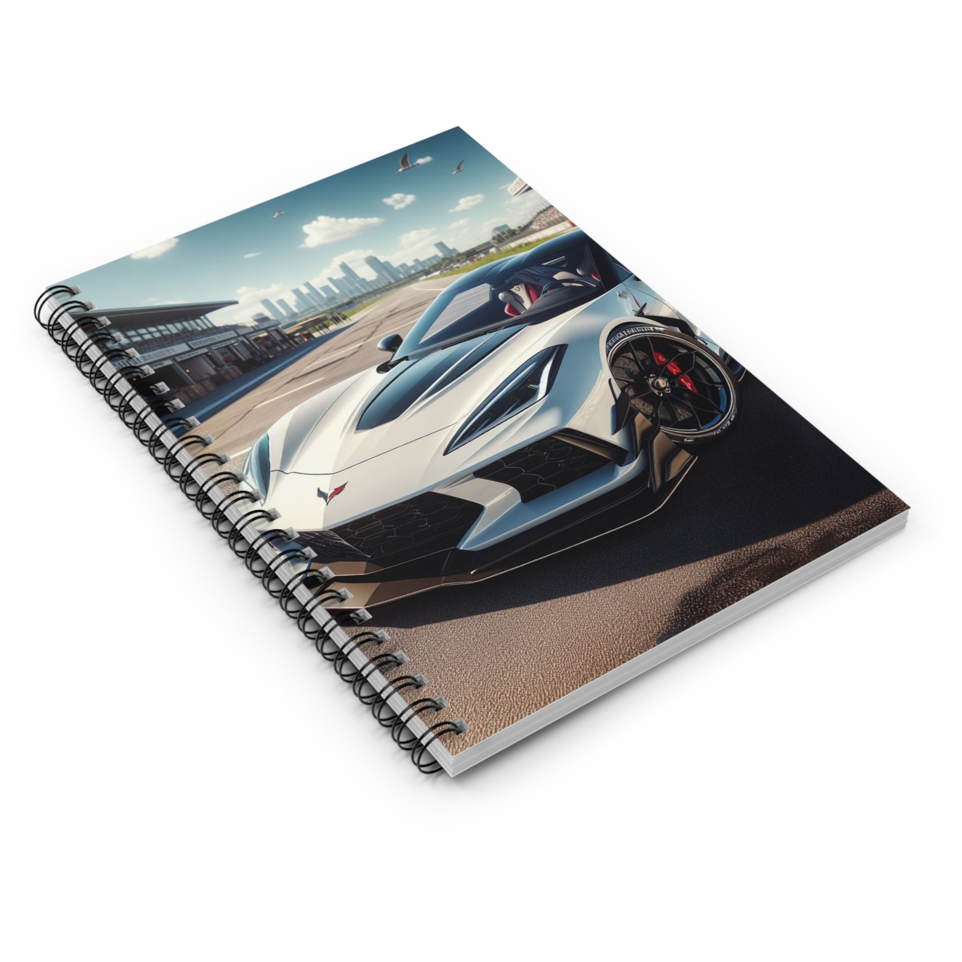 White Corvette Spiral Notebook Paper products Printify