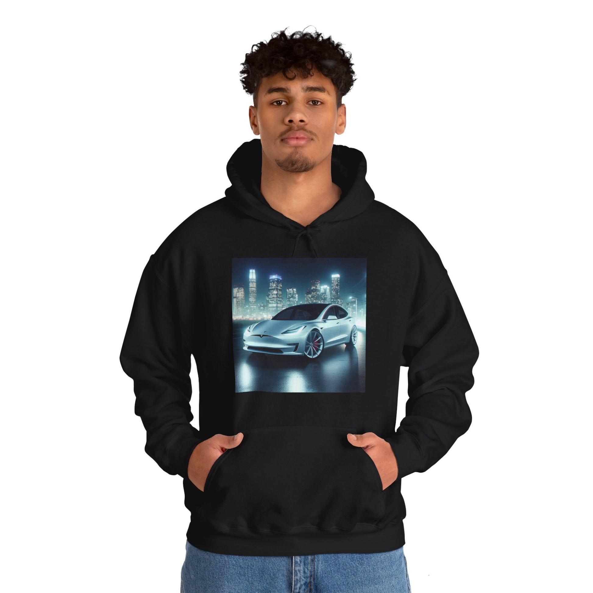 White Tesla Hoodie Hoodie Printify