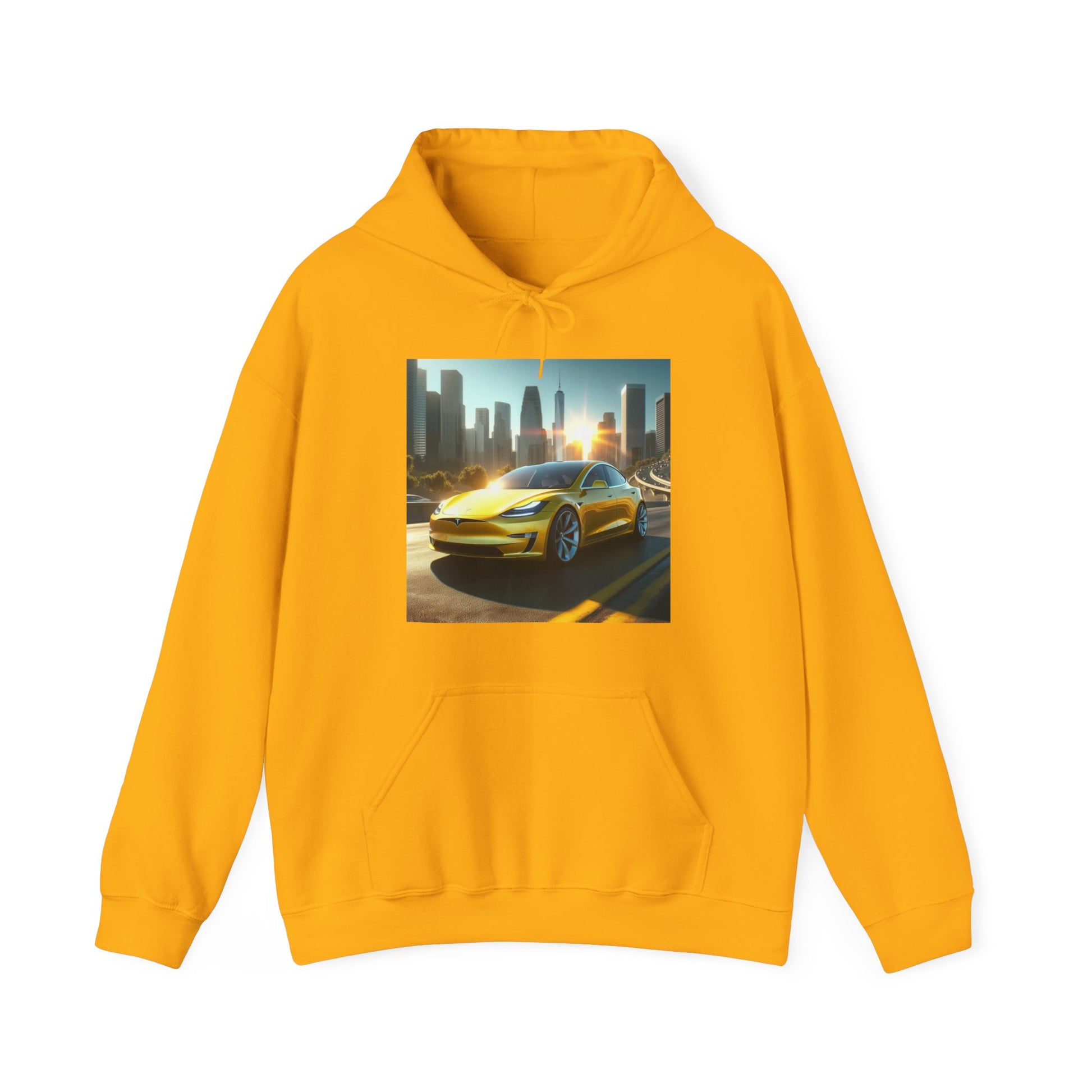 Yellow Tesla Hoodie Hoodie Printify Gold S