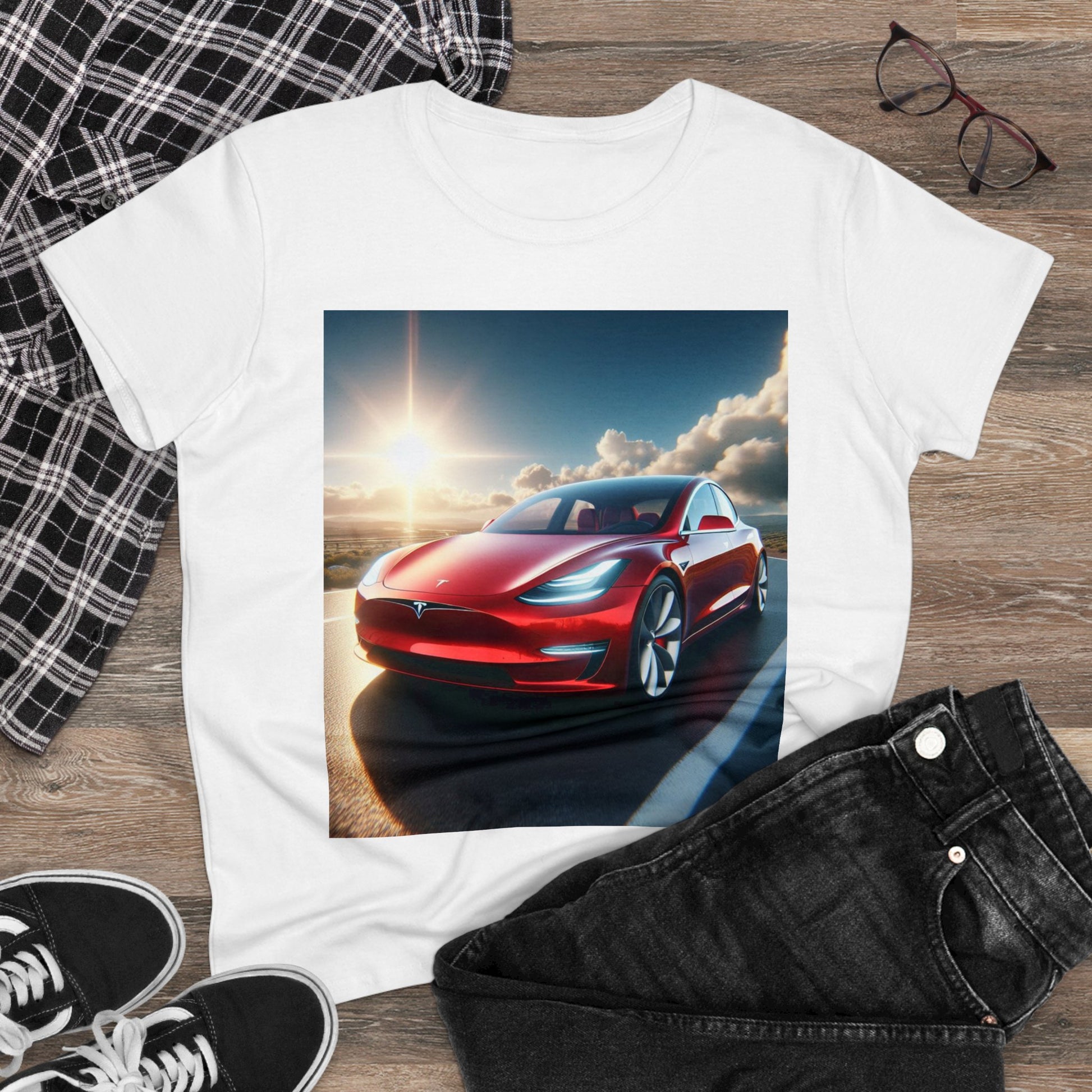Red Tesla T-Shirt T-Shirt Printify