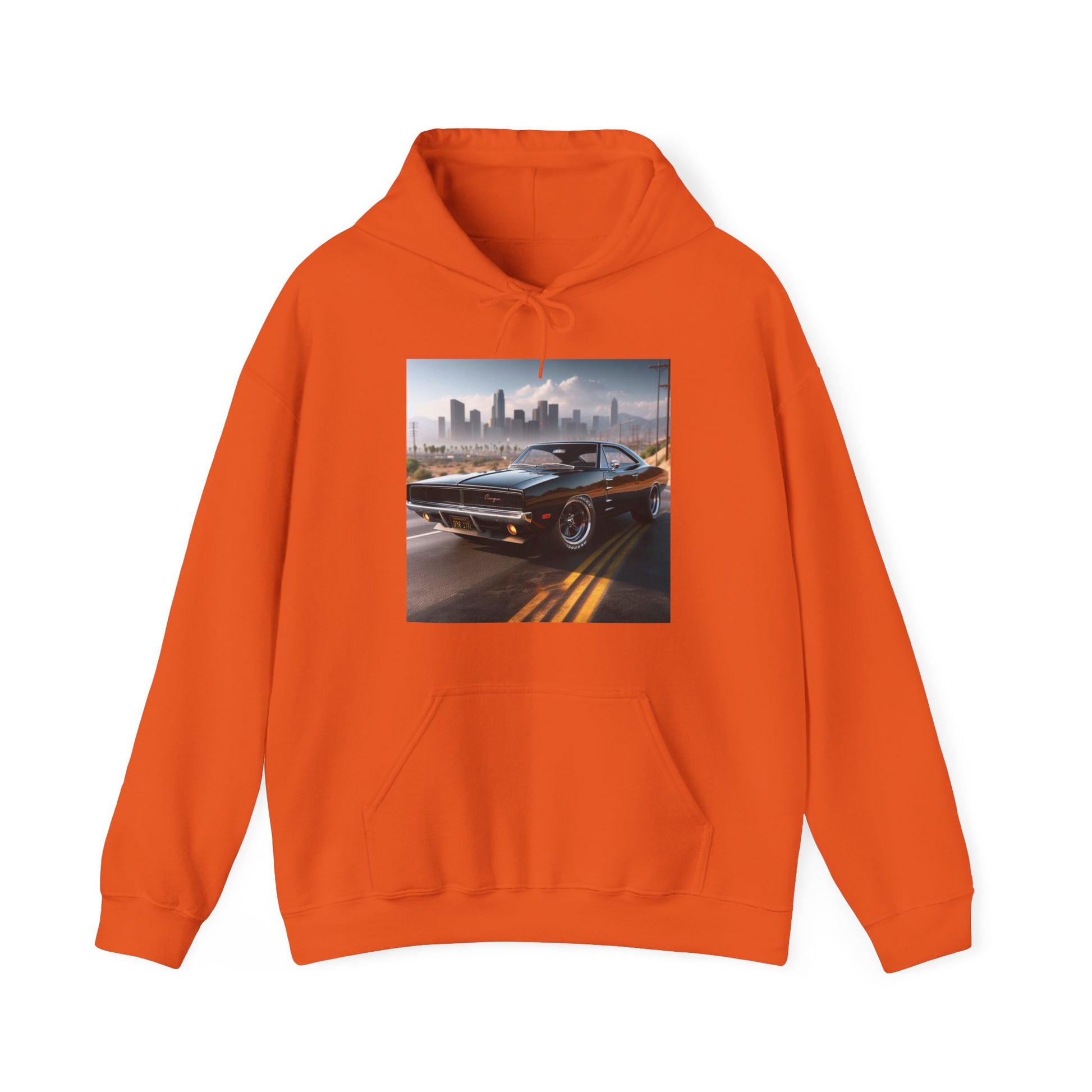 1970 Black Dodge Charger Hoodie Hoodie Printify Orange S