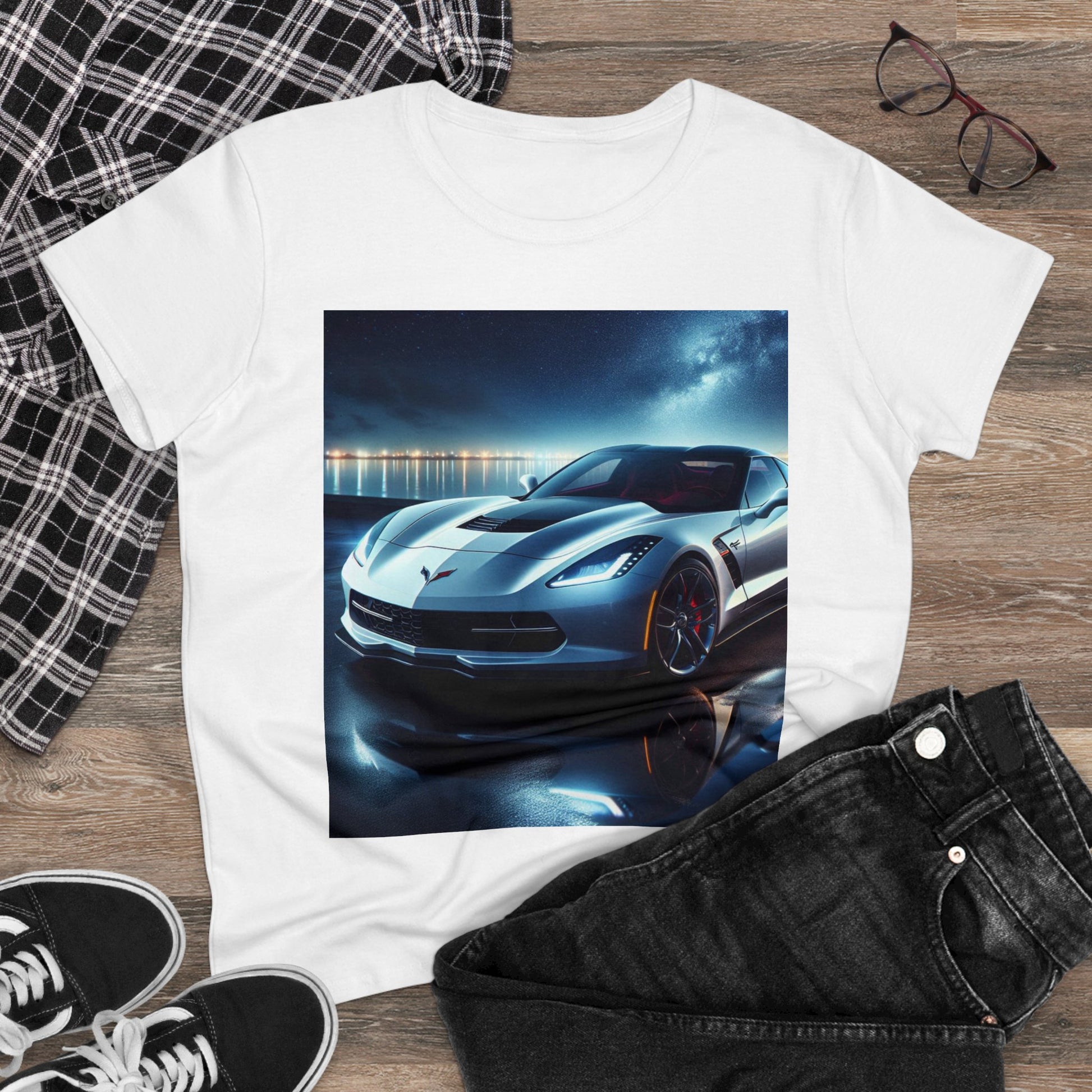 White Corvette T-Shirt T-Shirt Printify