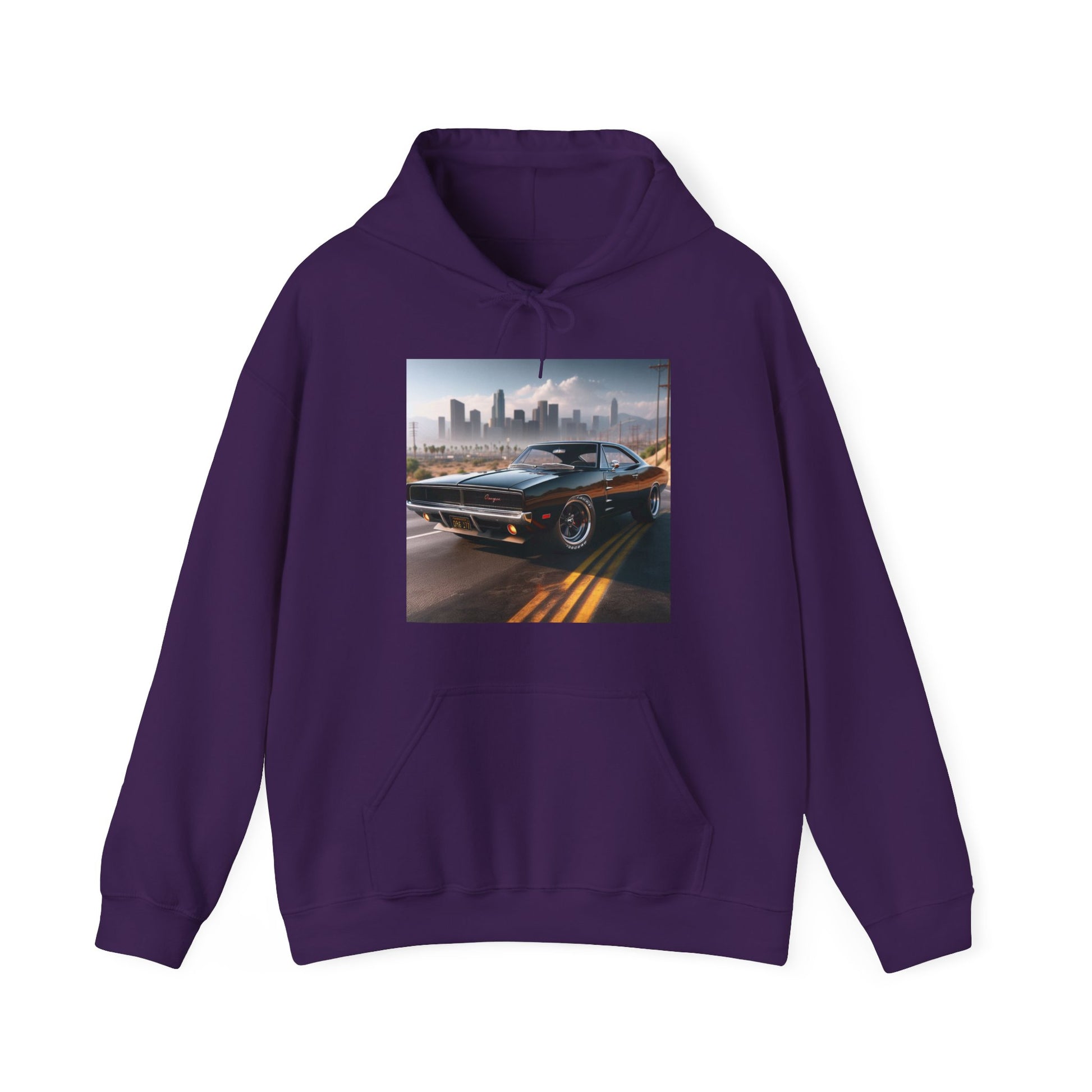 1970 Black Dodge Charger Hoodie Hoodie Printify Purple S