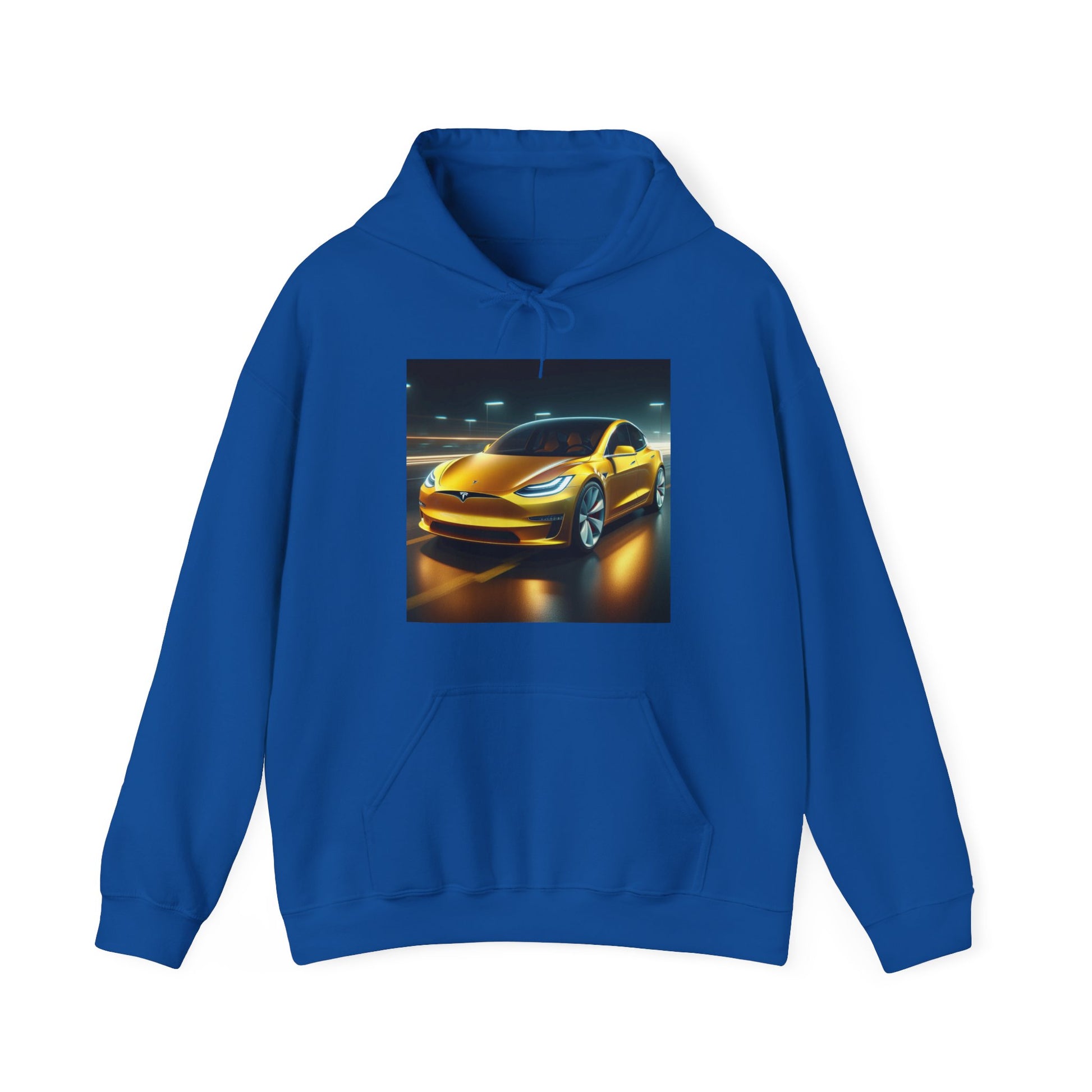 Yellow Tesla Hoodie Hoodie Printify Royal S