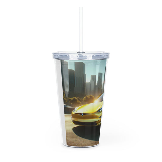 Yellow Tesla Tumbler with Straw Mug Printify   