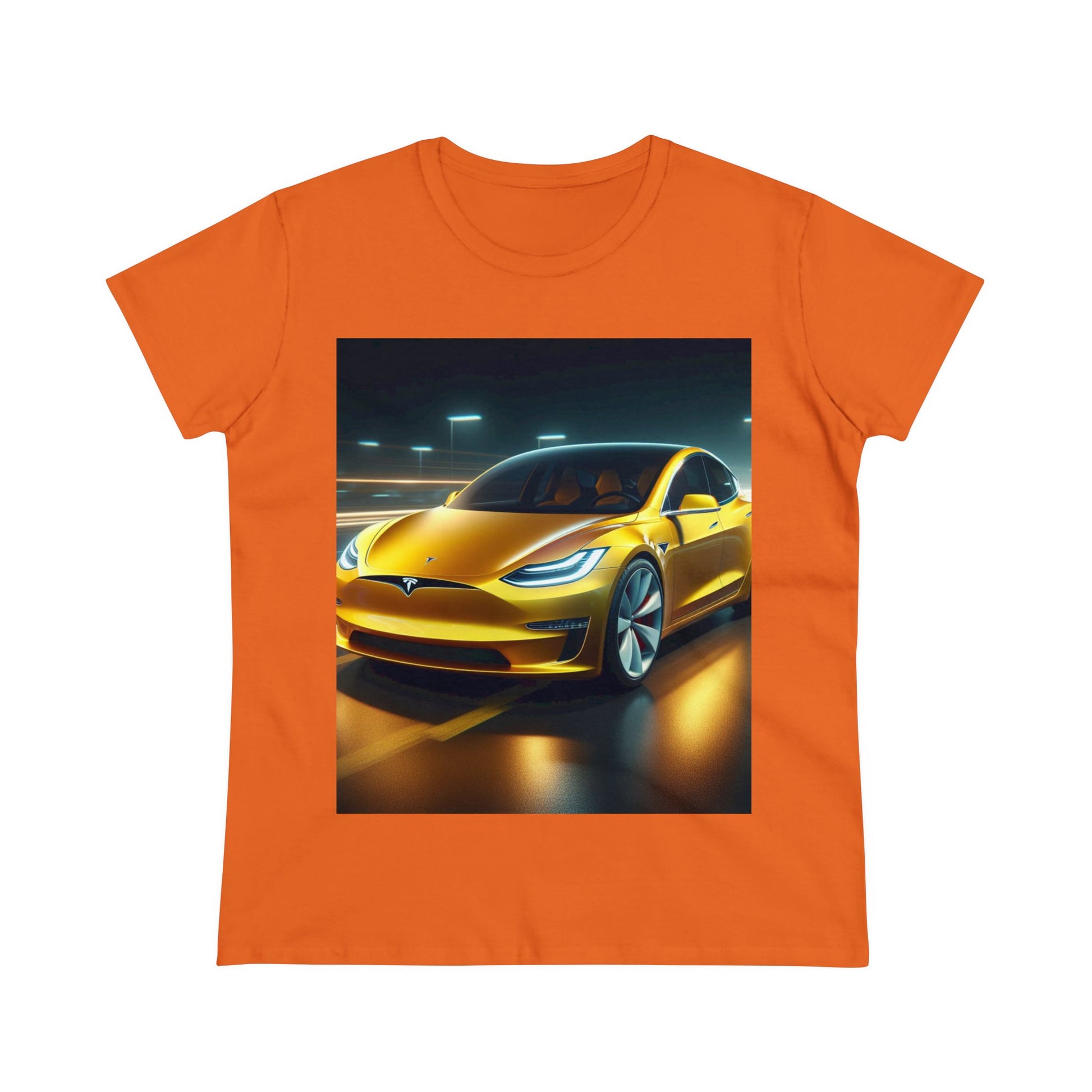 Yellow Tesla T-Shirt T-Shirt Printify Orange S 