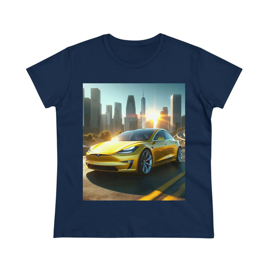 Yellow Tesla T-Shirt T-Shirt Printify Navy S 