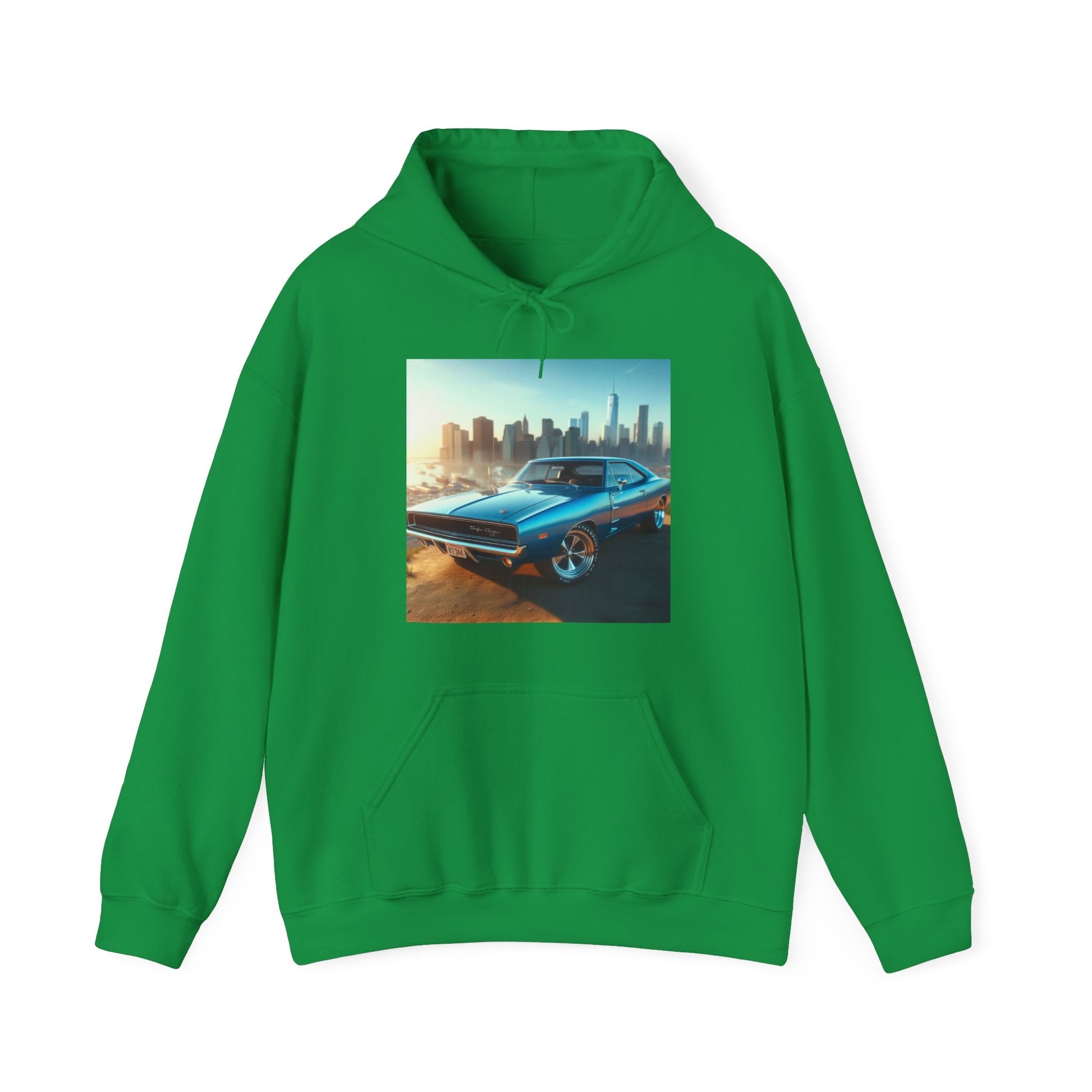 1970 Blue Dodge Charger Hoodie Hoodie Printify Irish Green S 