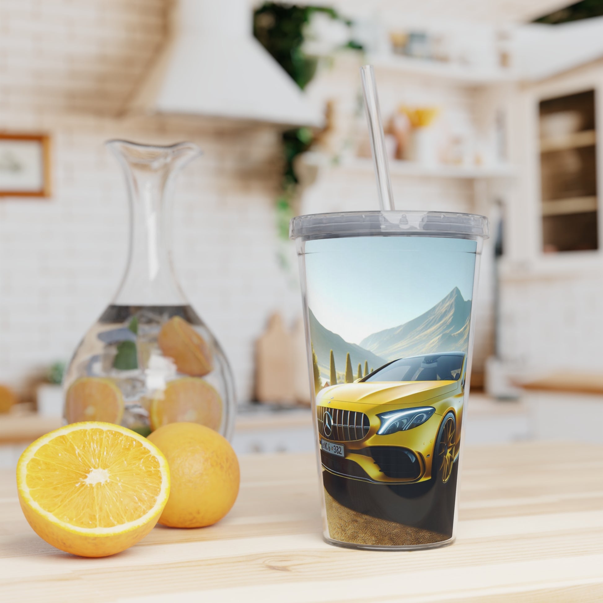 Yellow Mercedes Tumbler with Straw Mug Printify   