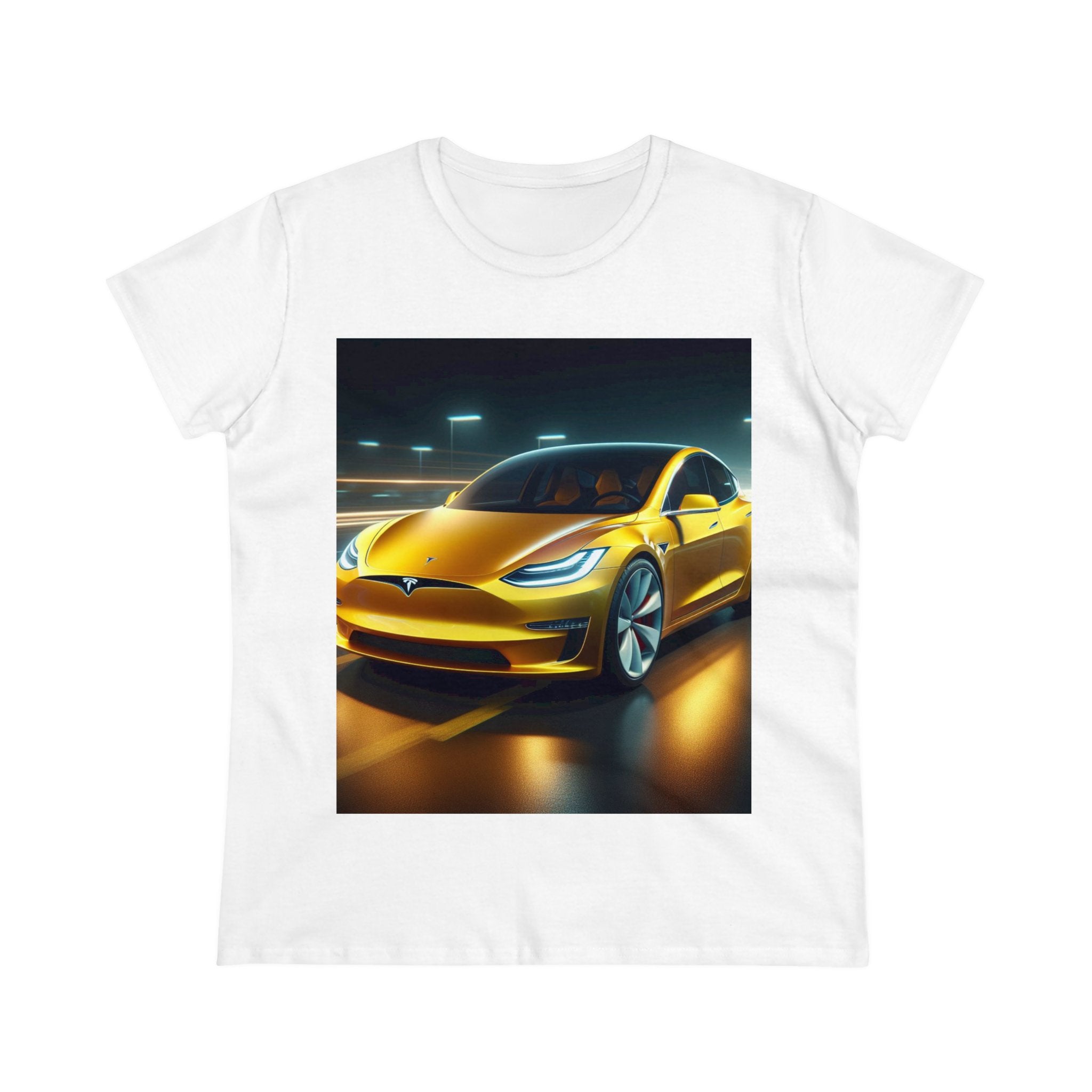 Yellow Tesla T-Shirt T-Shirt Printify White S 