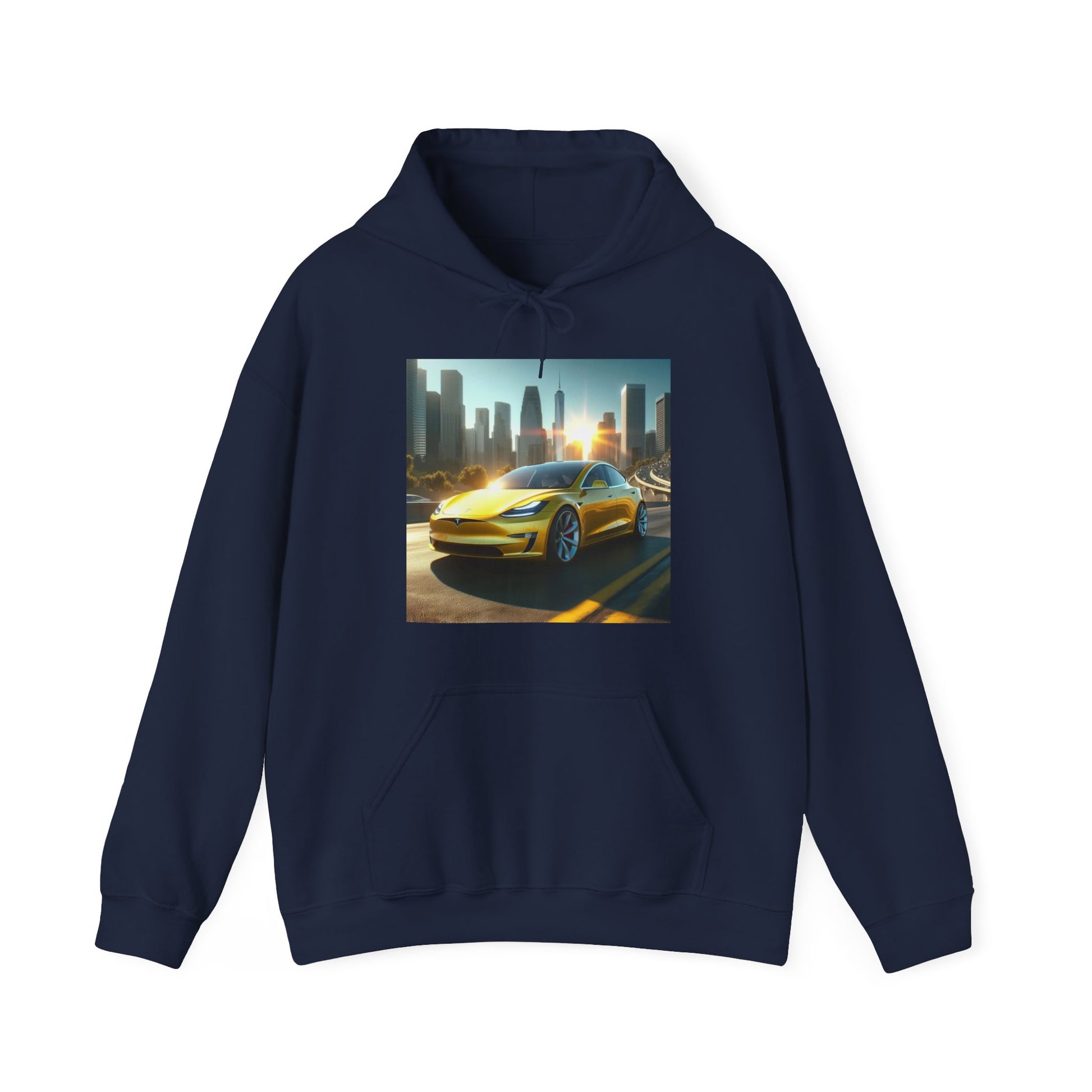 Yellow Tesla Hoodie Hoodie Printify Navy S 